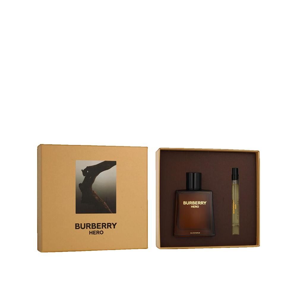 Burberry Hero Parfum in Geschenkbox. Braune Flasche, Probe. Box mit Logo und Bild.