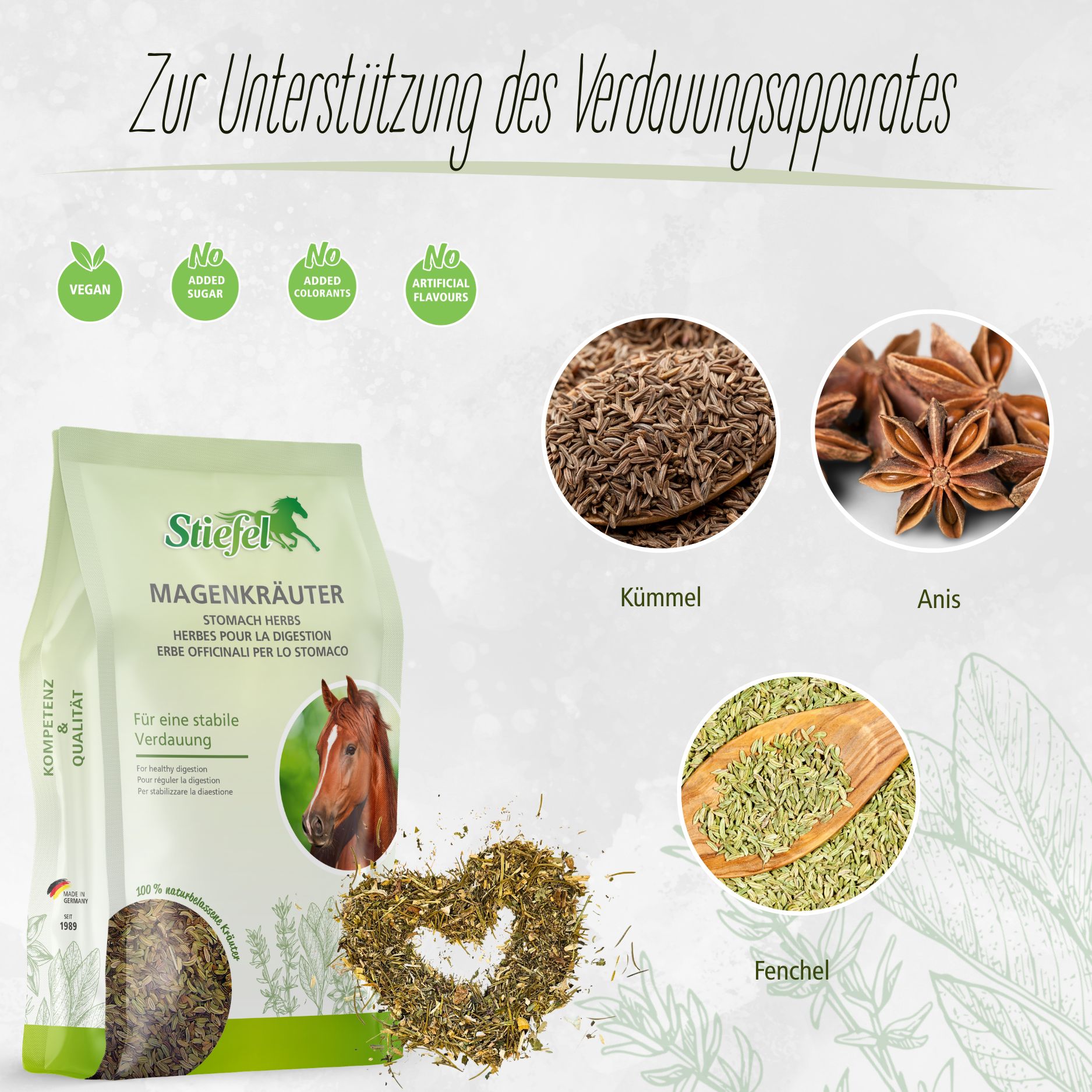 Grüne Tüte mit Stiefel Magenkräuter. Abbildungen von Kümmel, Anis und Fenchel. Text: Zur Unterstützung des Verdauungsapparates.