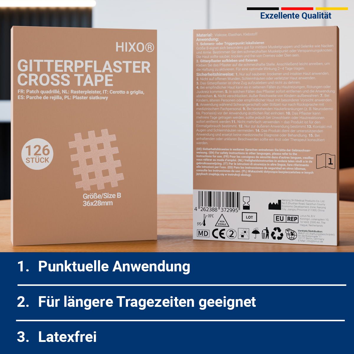HIXO Gitterpflaster Cross Tape Packung. Hinweise: Punktuelle Anwendung, lange Tragezeiten, latexfrei.