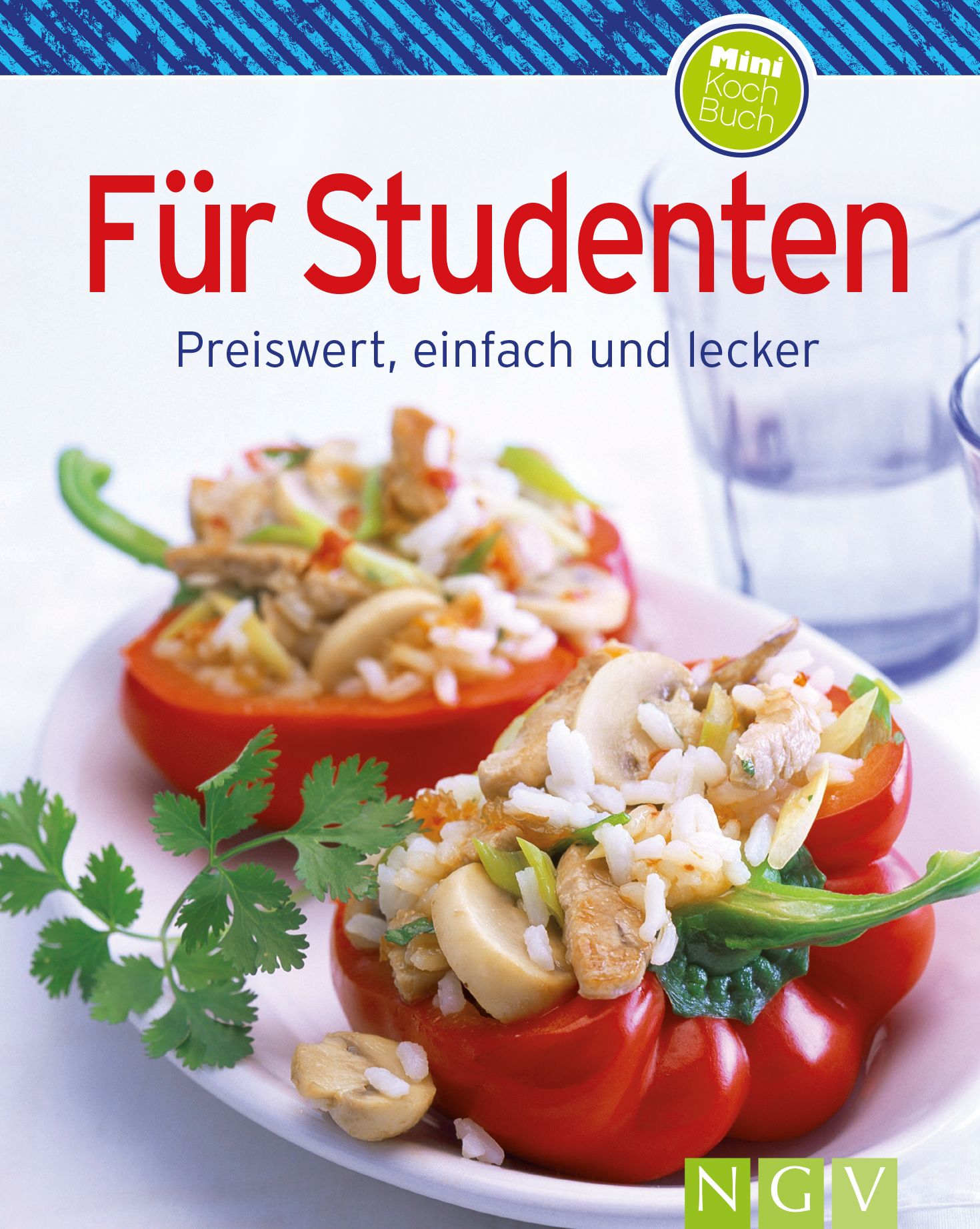 Kochbuch "Für Studenten". Roter Titel, roter Paprika gefüllt mit Reis und Pilzen. NGV-Logo.