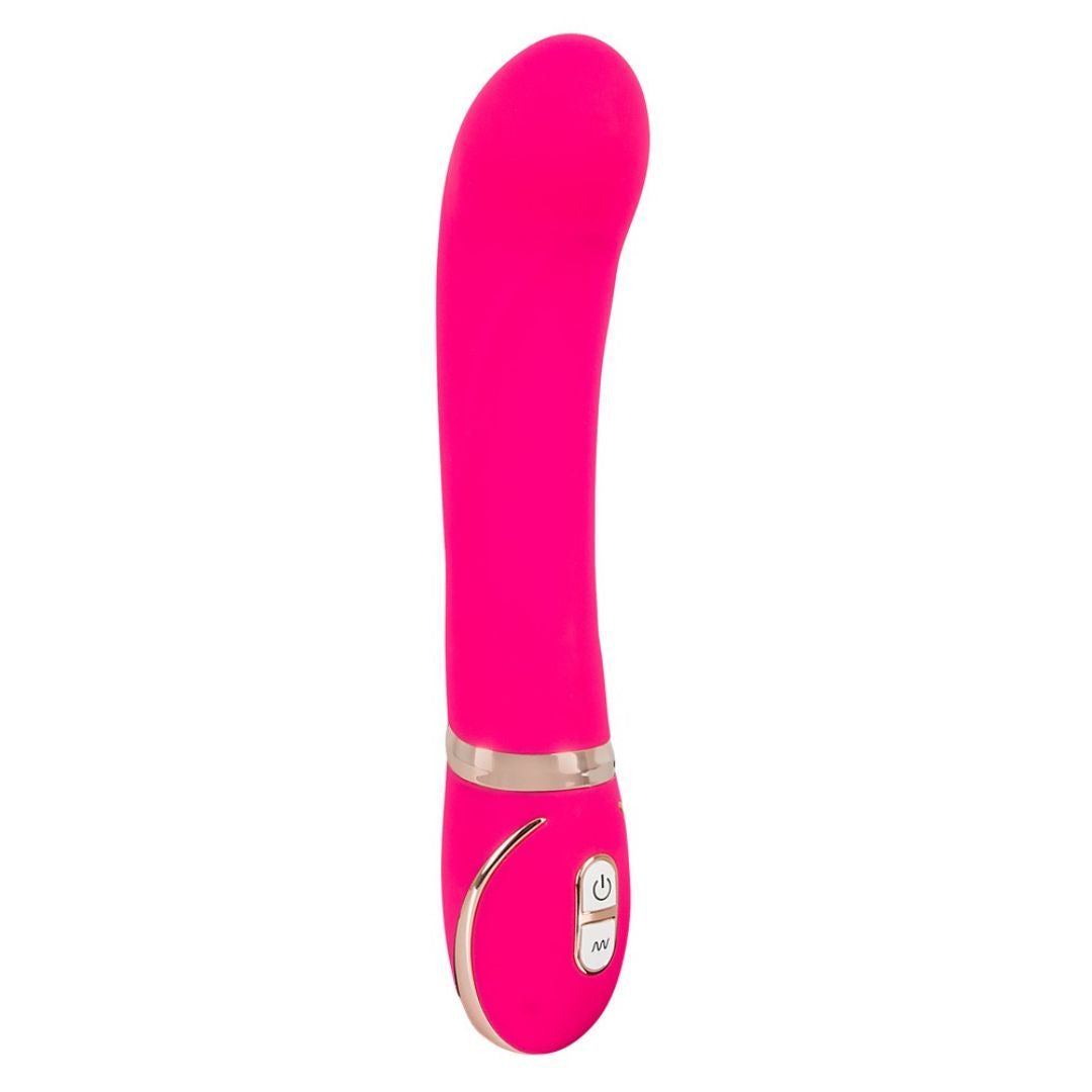Pinkfarbener Vibrator mit gebogener Form. Silberfarbene Akzente am unteren Ende. Zwei Knöpfe und ein Logo.