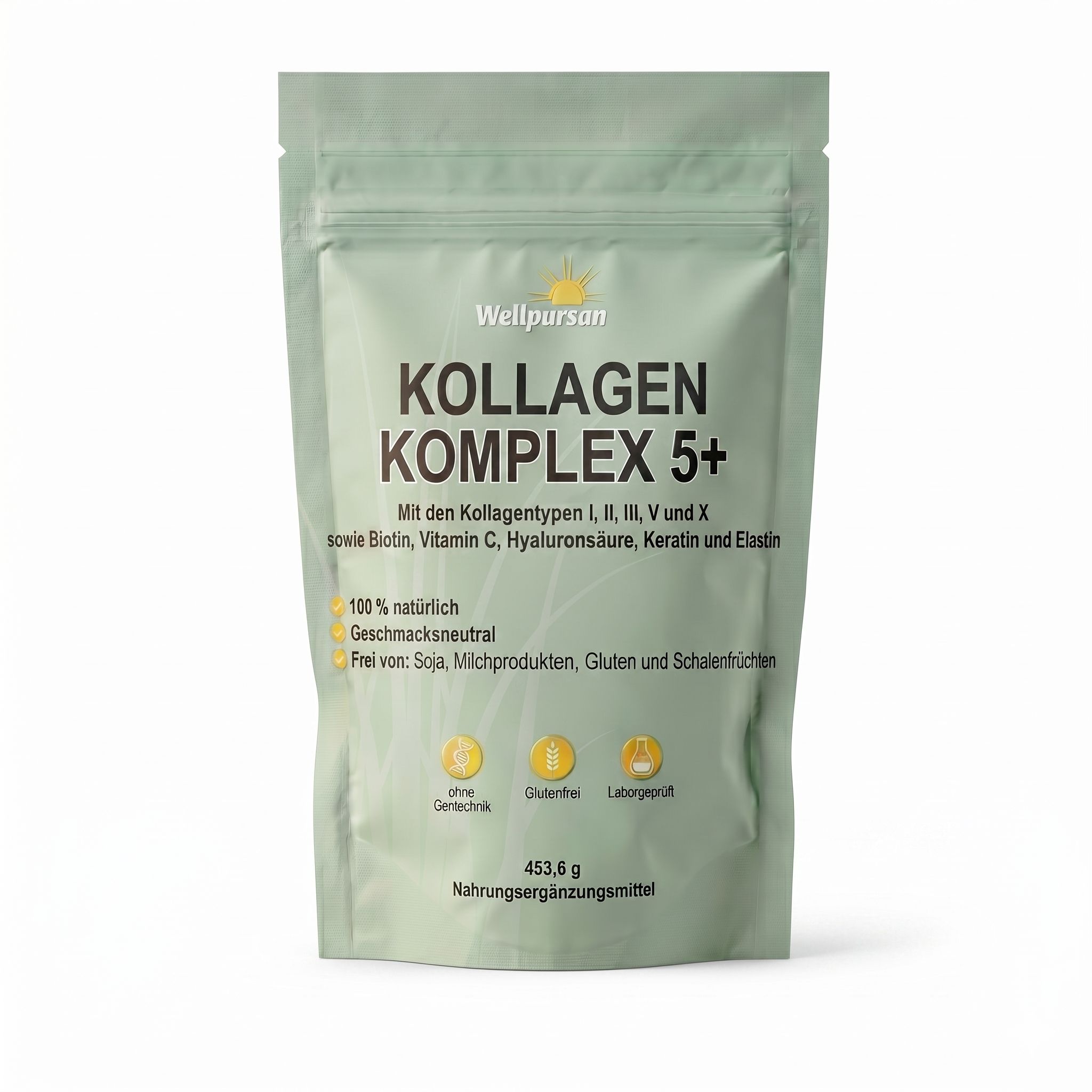 Wellpursan Kollagen-Komplex 5+ Pulver mit Typ I, II, Iii, V & X, Keratin, Hyaluronsäure, Biotin 453 g