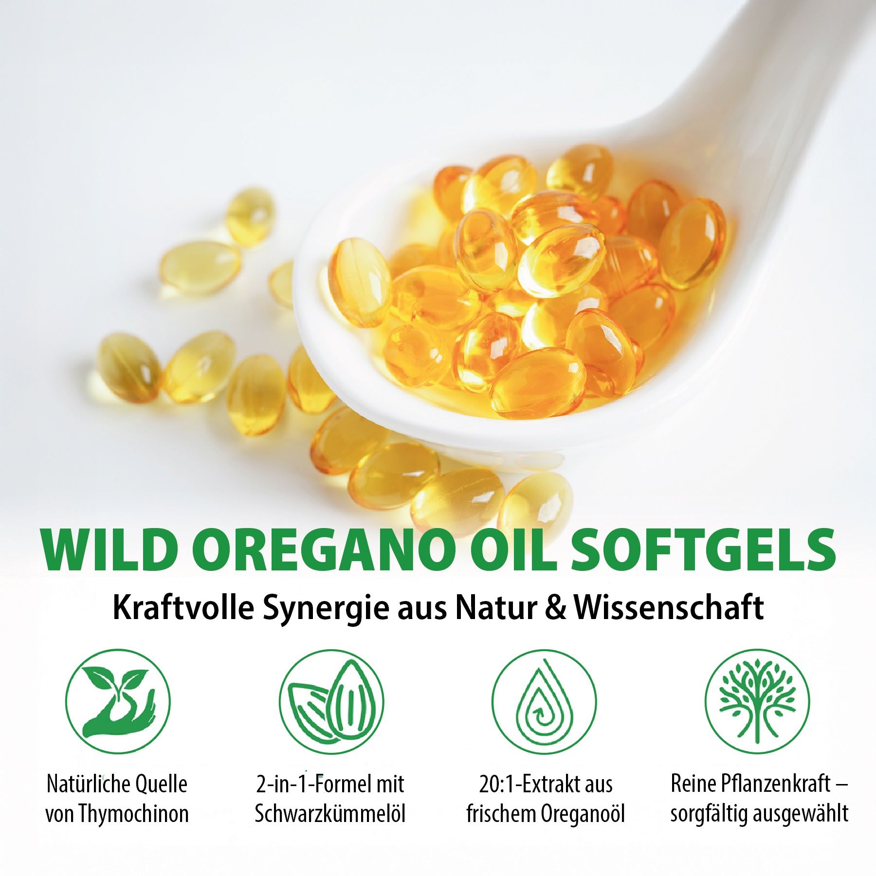 Löffel mit gelben Softgels. Text: Wild Oregano Oil Softgels. 20:1-Extrakt, reine Pflanzenkraft, Thymochinon.