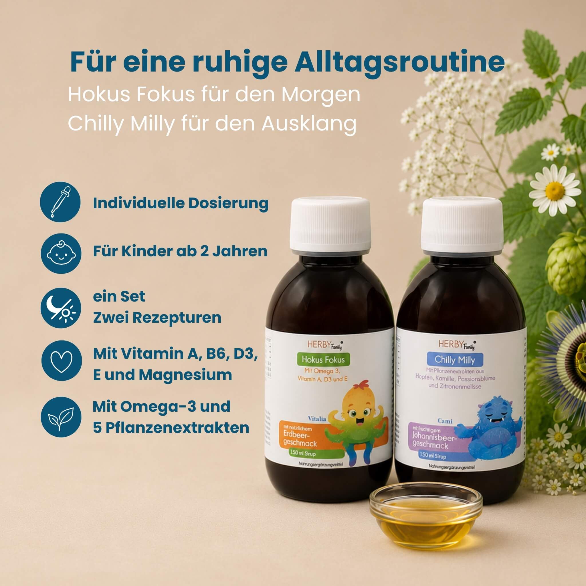 Zwei Flaschen eines Nahrungsergänzungsmittels für Kinder, daneben eine kleine Schale mit Flüssigkeit.