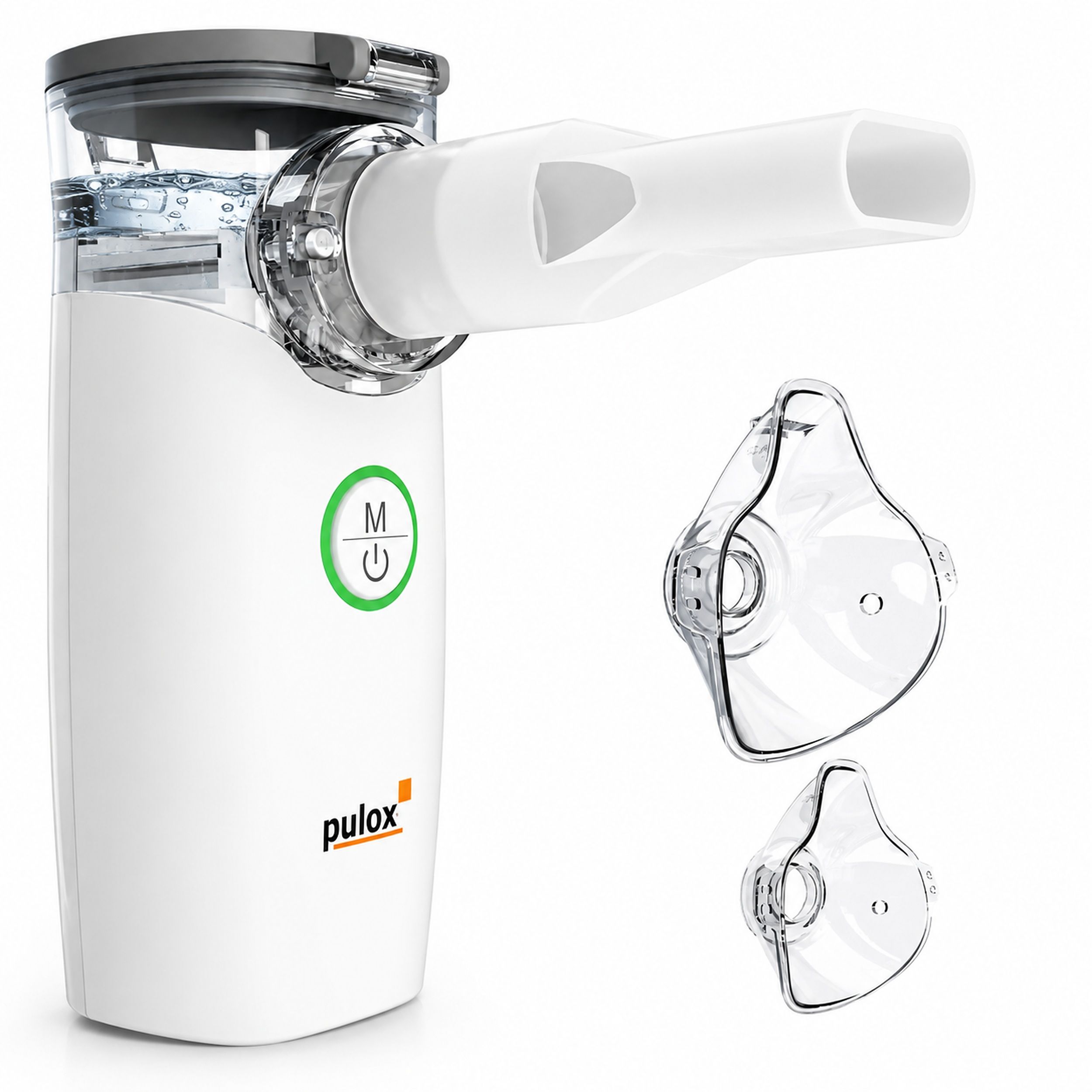 Pulox IN-100 Inhalator mit Mundstück und zwei Masken in verschiedenen Größen.