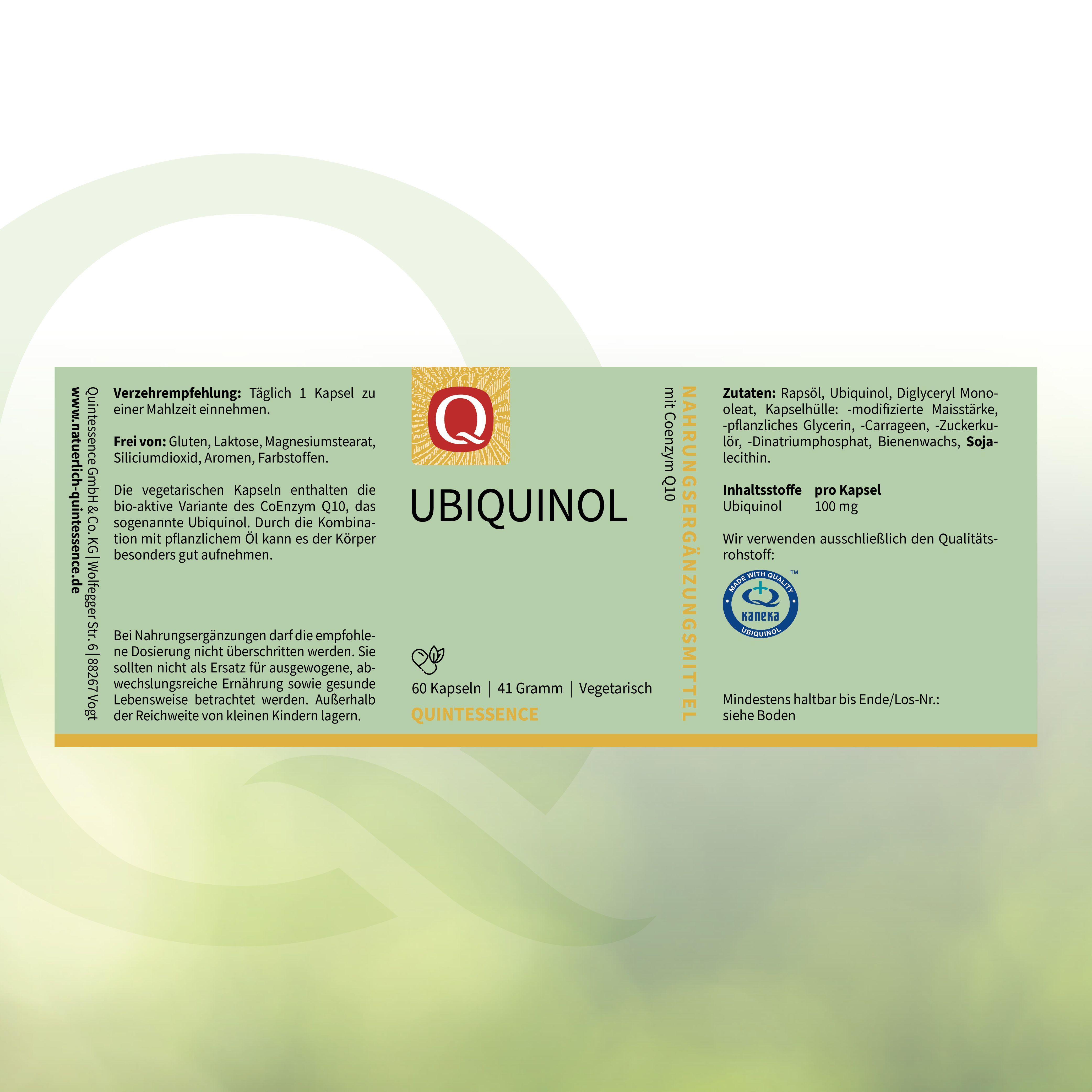 Verpackung von Ubiquinol Kapseln. Aufschrift: Ubiquinol, 60 Kapseln, Quintessence. Mit Coenzym Q10. Inhaltsstoffe.