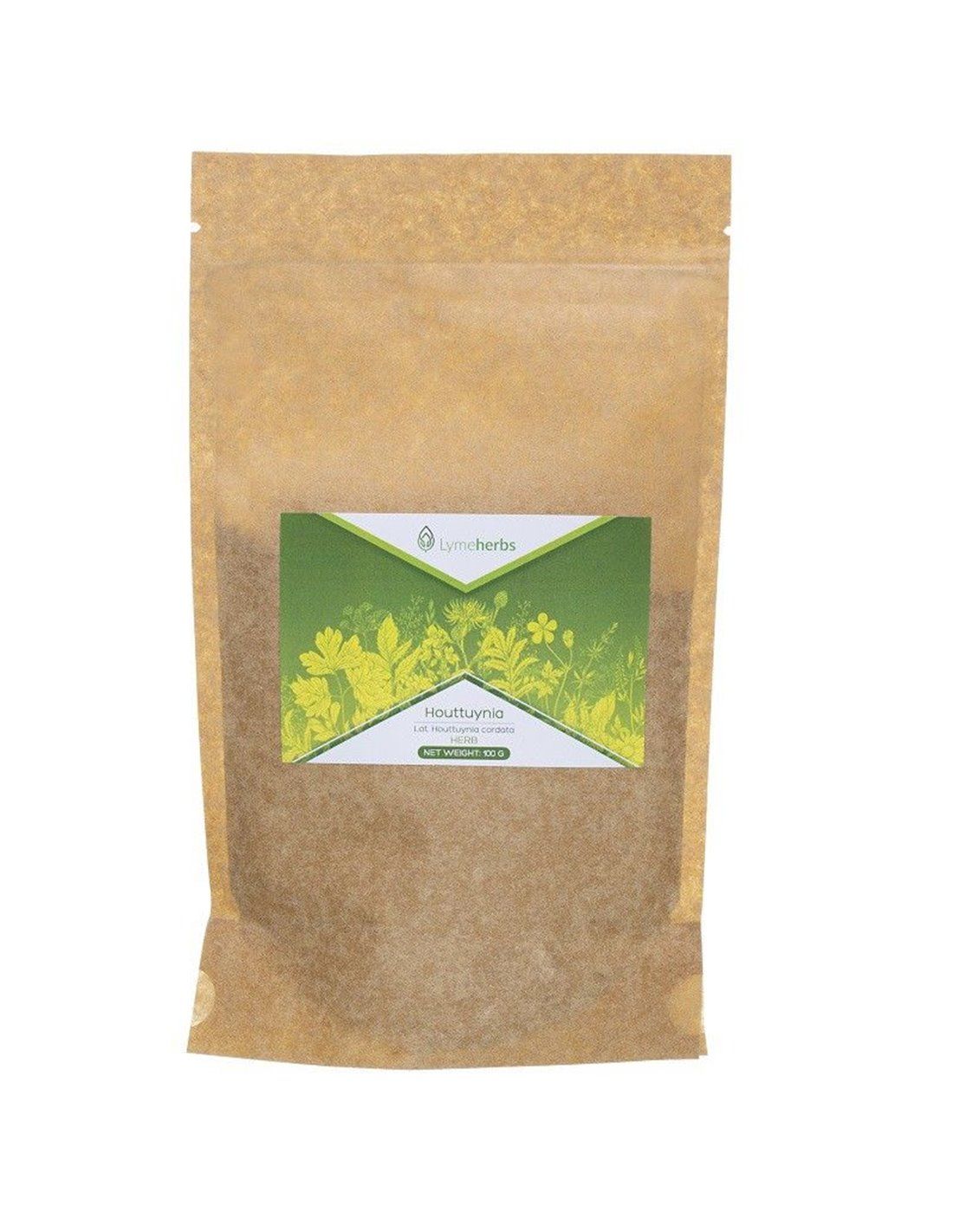 Beutel mit Produktetikett. Etikett mit Logo, Produktname und floralem Design. Brauner Beutel.