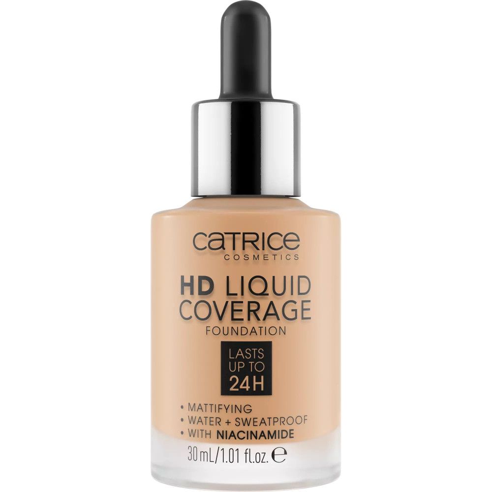 Catrice HD Liquid Coverage Foundation Flasche mit Pipette. Beige Flüssigkeit. Text: HD Liquid Coverage, mattierend, wasserfest, mit Niacinamid.