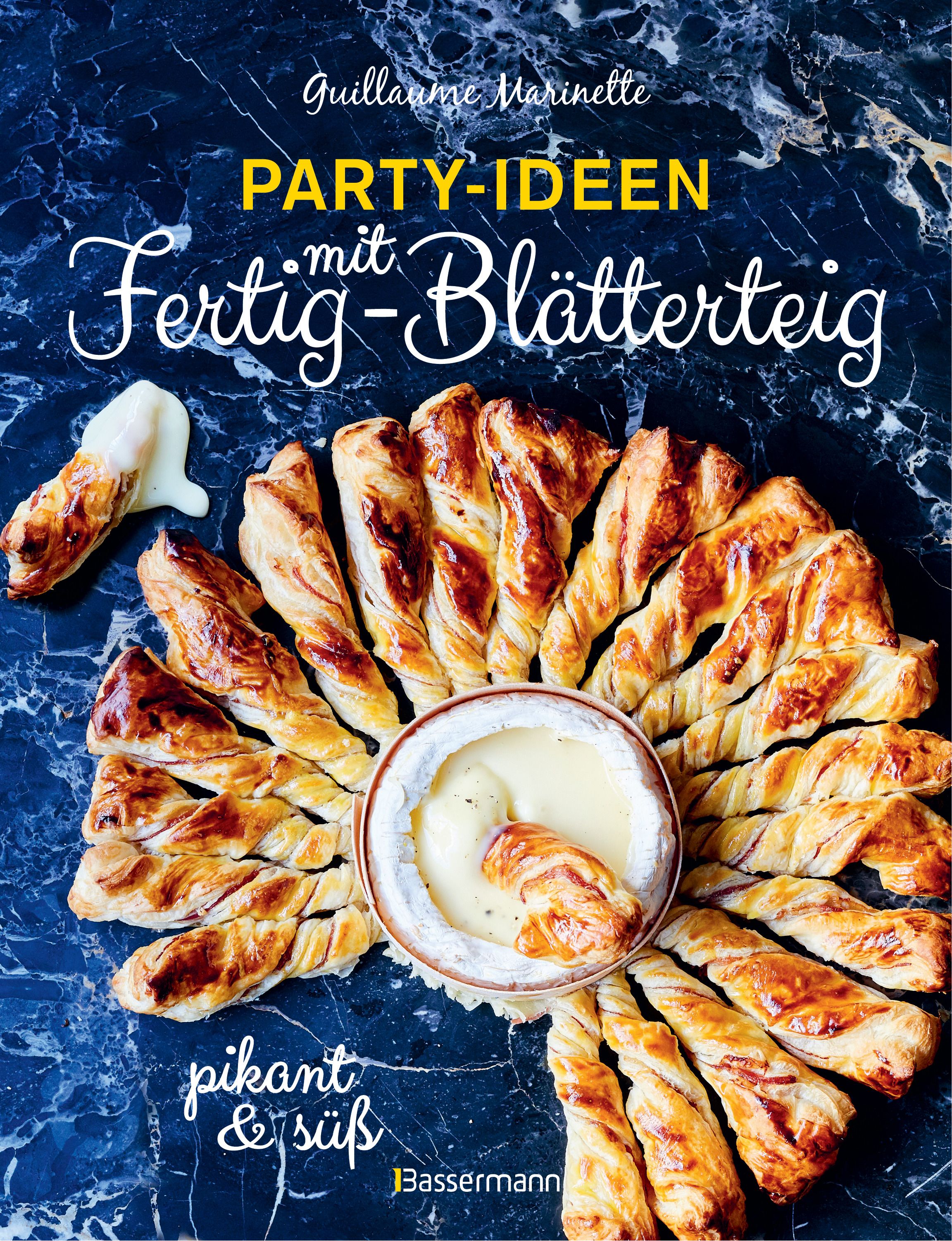 Buchcover mit Titel: Party-Ideen mit Fertig-Blätterteig. Gebäck um eine Schale mit Käse angeordnet. Text: pikant & süß.