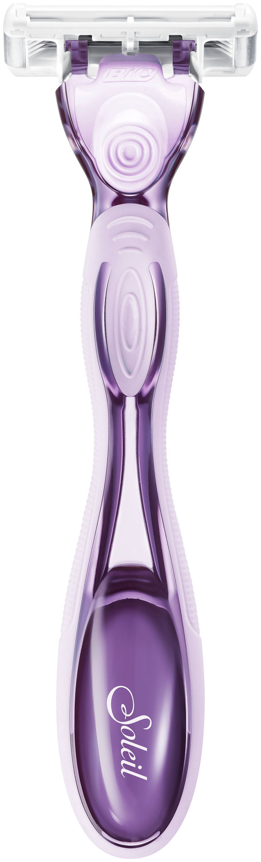 Violett-weißer Rasierer mit 3 Klingen. Ergonomischer Griff. Logo 'Soleil'.