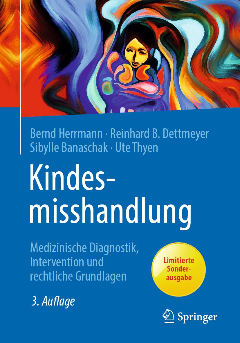 Buchcover mit Titel "Kindesmisshandlung". Autorennamen und "Springer" Logo sichtbar. Blaue und farbige Illustration.