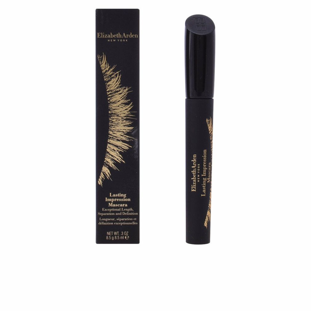Schwarze Mascara und Verpackung. Aufschrift: Elizabeth Arden, Lasting Impression Mascara. Verpackung mit Wimpern-Design.