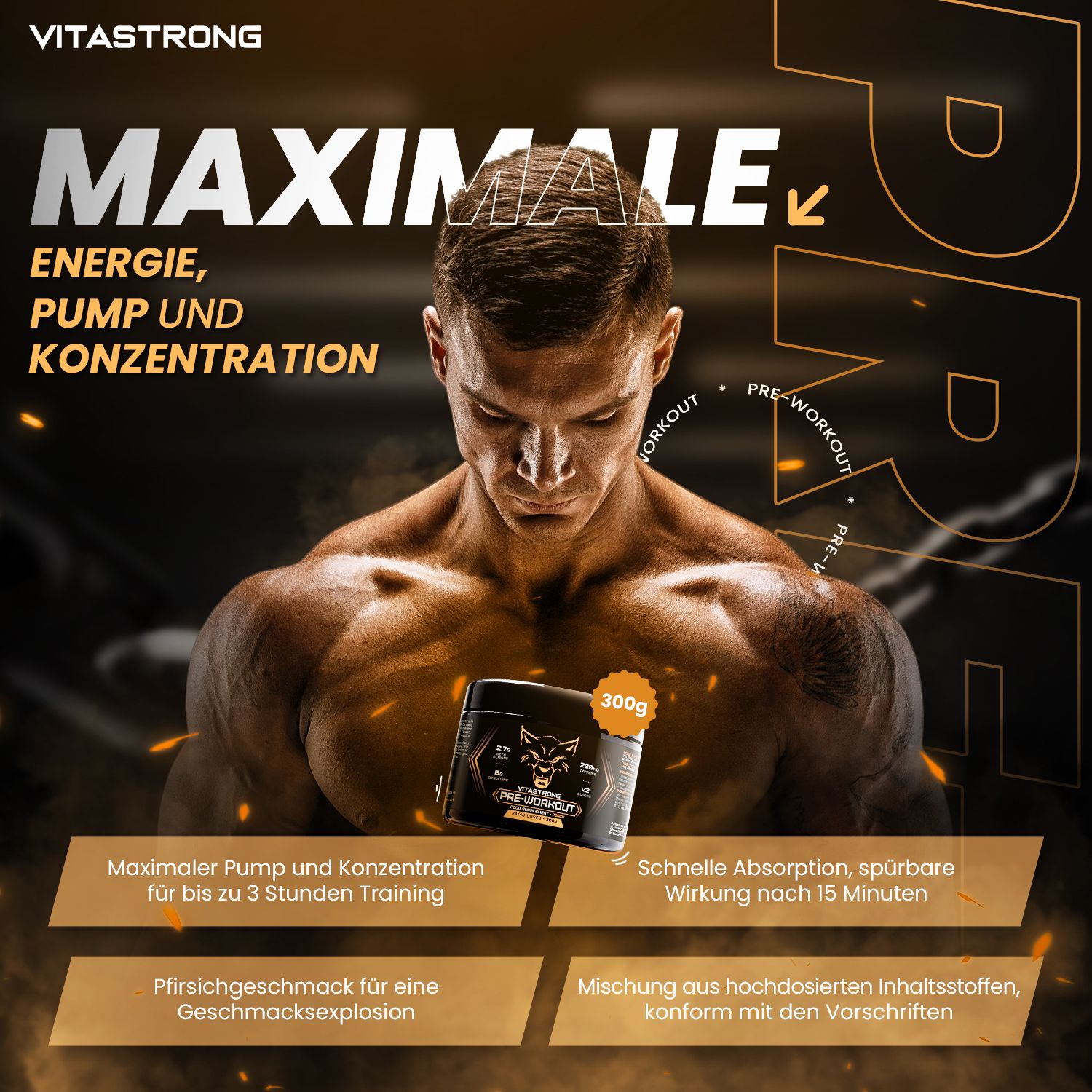 Mann mit Dose. Dose: Vitastrong Pre-Workout, 300g. Text: Maximale Energie, Pump und Konzentration.