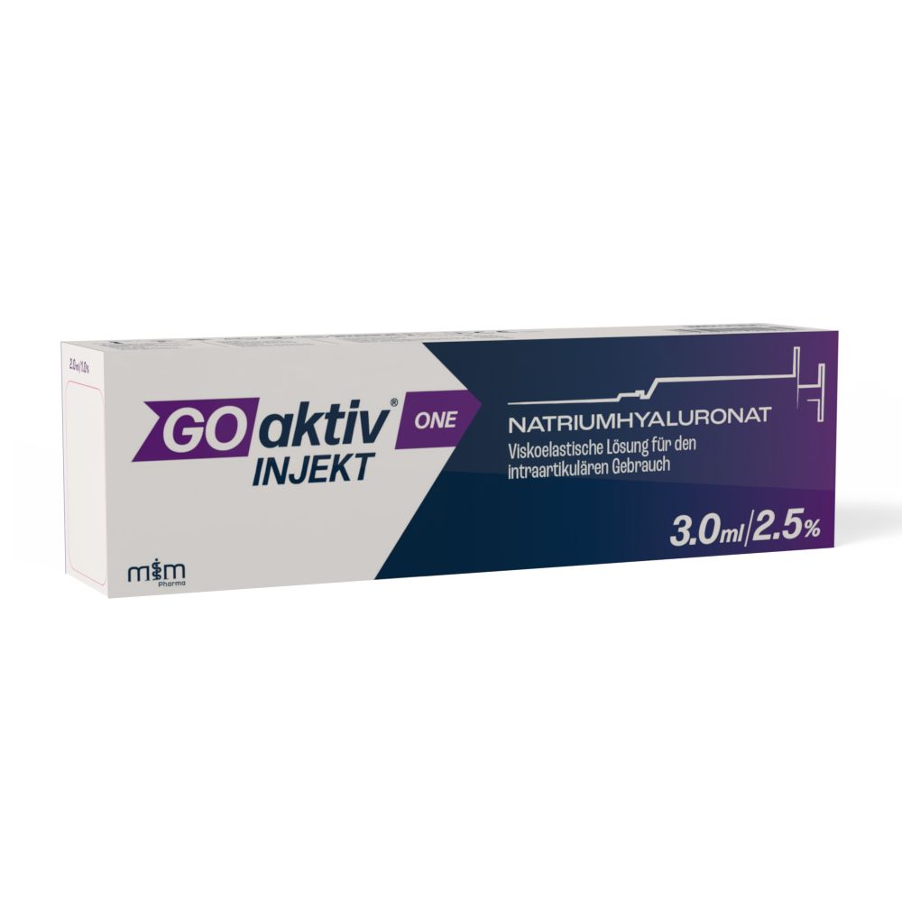 Verpackung von GOaktiv INJEKT ONE. Enthält Natriumhyaluronat. Aufschrift: 3.0ml/2.5%. Viskoelastische Lösung für intraartikulären Gebrauch.