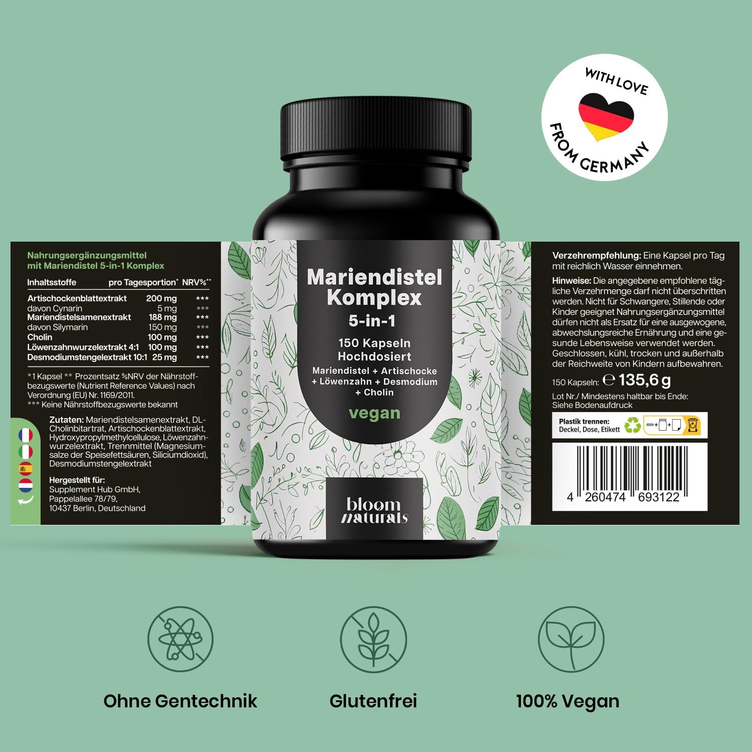 Bloom Naturals Mariendistel Artischocke Löwenzahn Komplex Kapseln