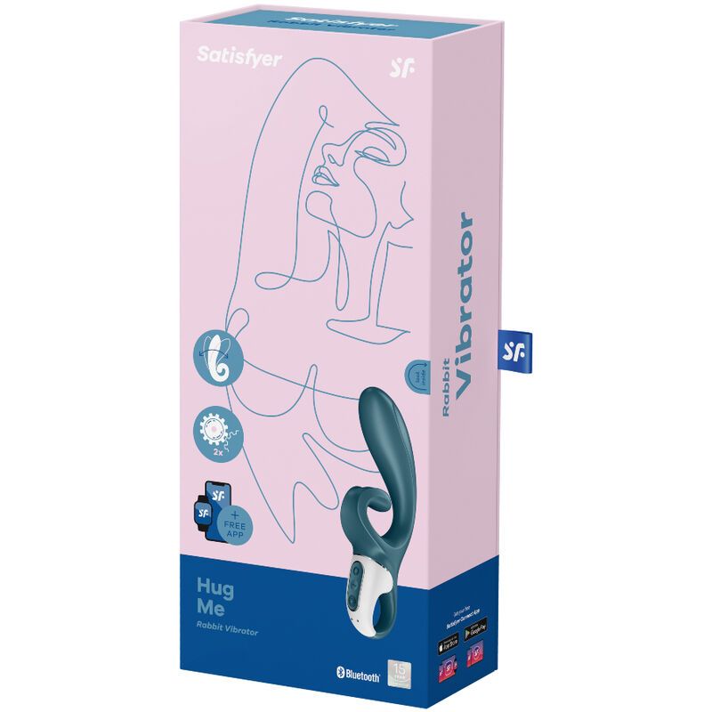 Verpackung mit Produktabbildung. Rosa Box mit Produktname, Illustration und Logo. Produkt: Blau-Weiß-Vibrator.