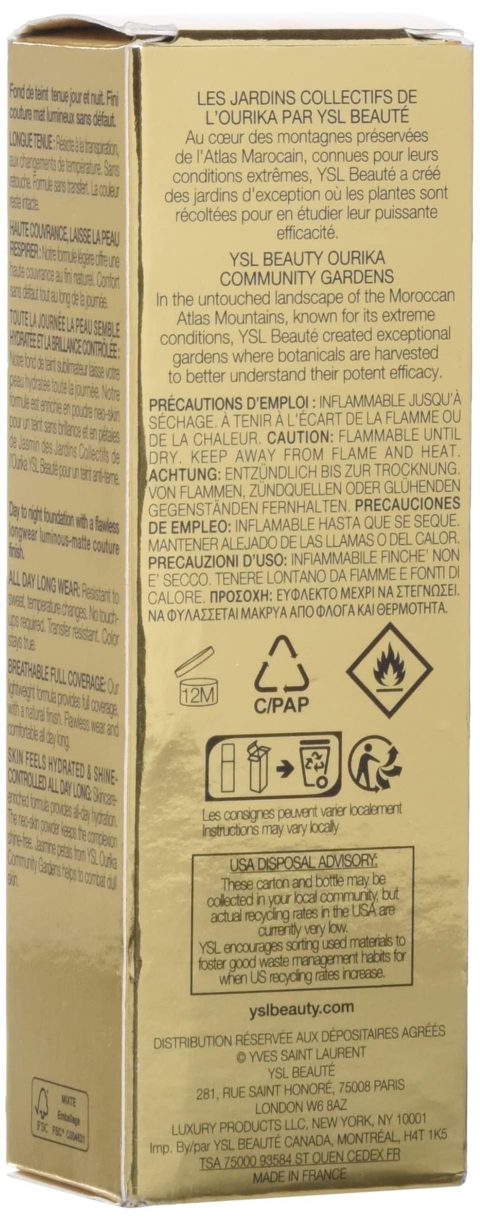 Yves Saint Laurent All Hours Foundation. Karton mit Text. Aufschrift: YSL BEAUTÉ. Text in mehreren Sprachen.