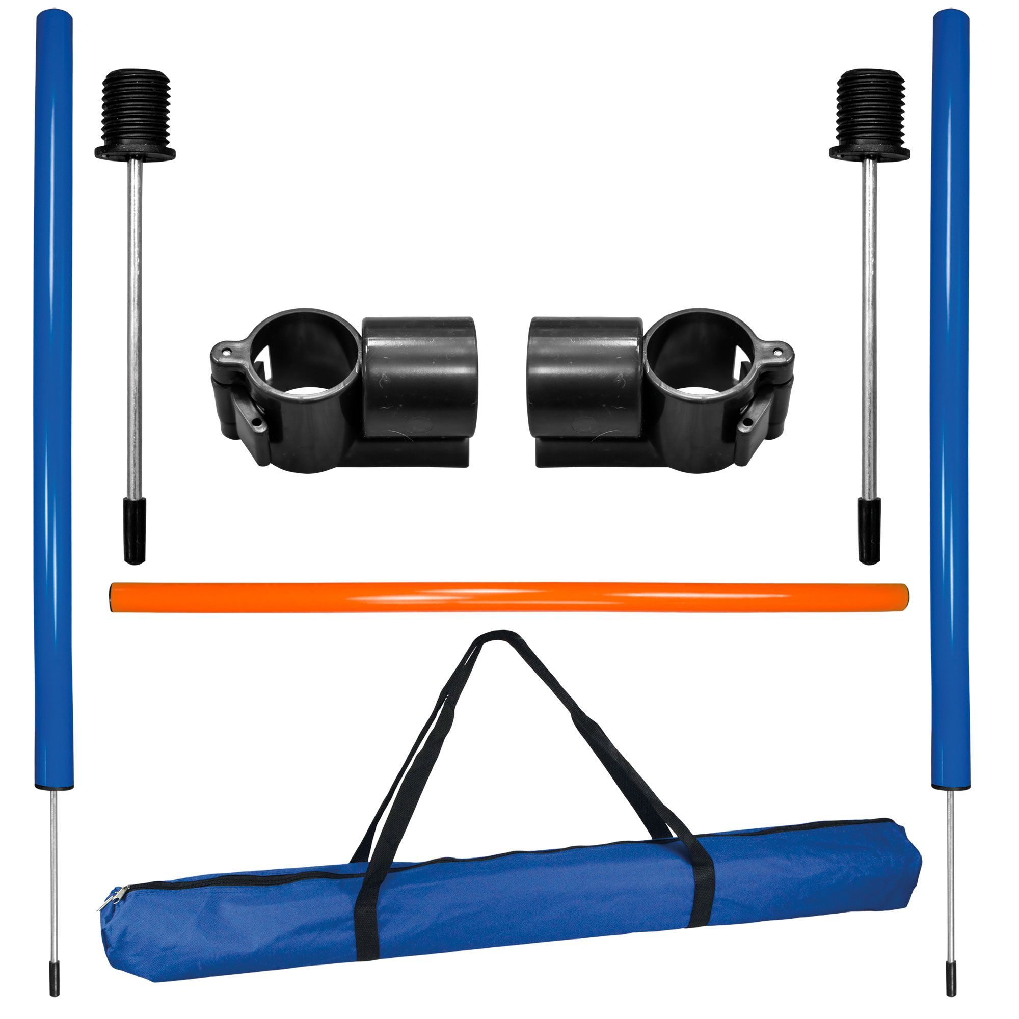 Agility Hürden Set. Blaue Stangen, orangefarbene Stange, schwarze Halterungen, Tragetasche. Für Hundesport.