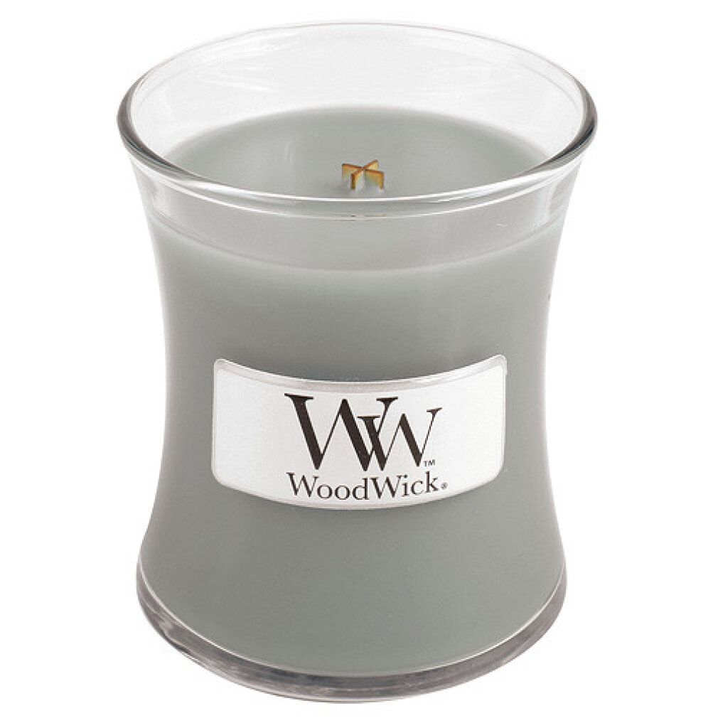 Graue Sanduhr-Kerze ohne Deckel. Aufschrift: WoodWick. Glasbehälter.