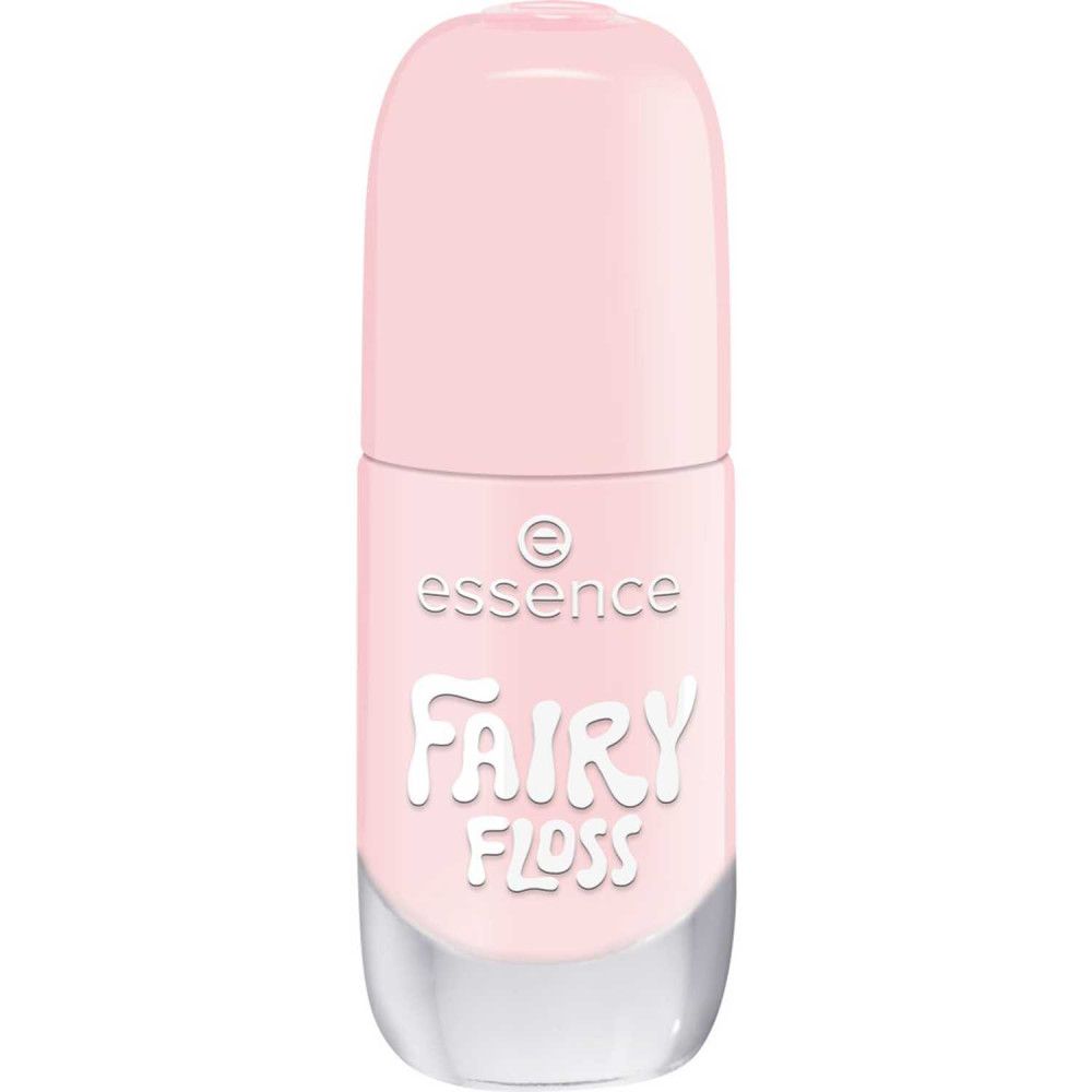 Rosa Nagellackflasche mit geschlossenem Deckel. Auf der Flasche steht "essence" und "Fairy Floss".