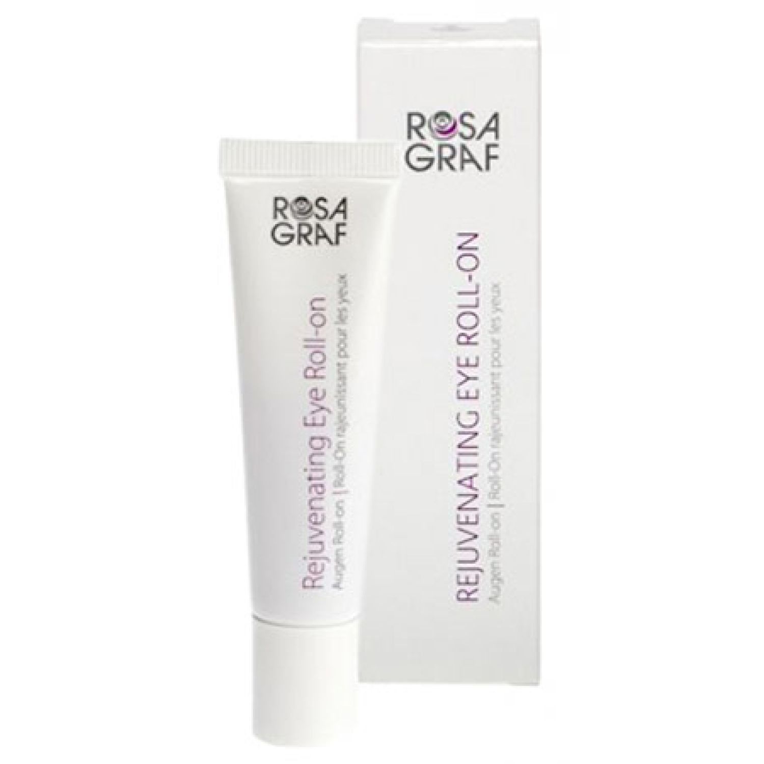 Weißes Augen-Roll-on und Verpackung. Aufschrift: ROSA GRAF, Rejuvenating Eye Roll-on. Produkt für die Augenpartie.