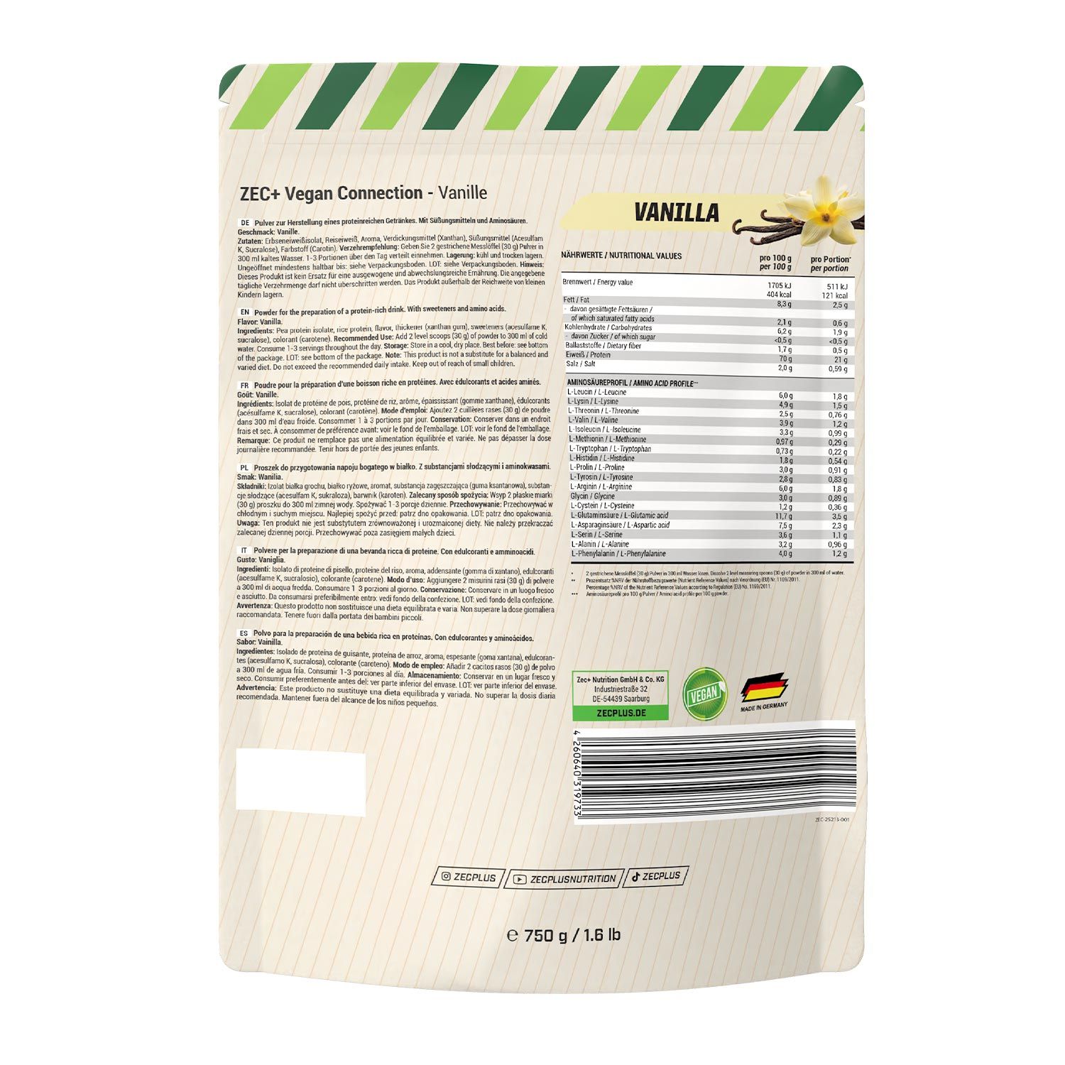 Beutel mit ZEC+ Vegan Connection Vanille. Rückseite mit Nährwertangaben, Inhaltsstoffen und Zertifizierungen. 750g.