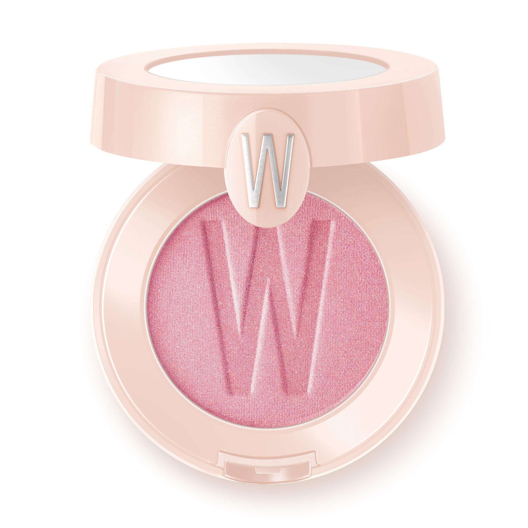Contenitore di ombretto rosa rotondo con specchio. Grande 'W' nell'ombretto.