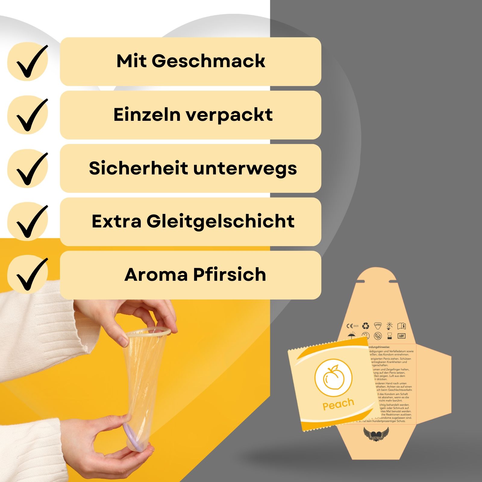 Kondom und Verpackung. Text: Mit Geschmack, einzeln verpackt, Sicherheit, Aroma Pfirsich. Logo: Peach.