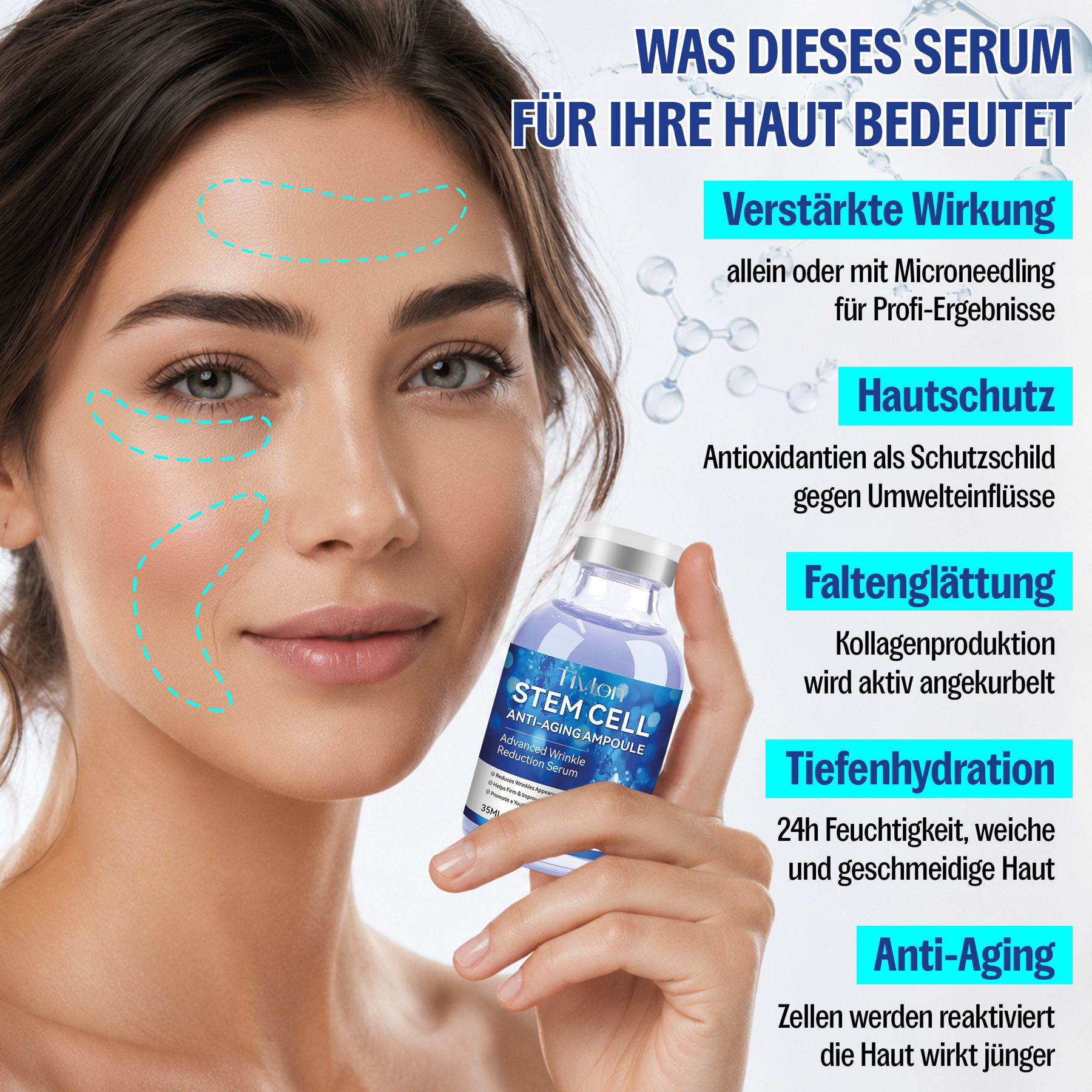 Frau hält eine Ampulle mit der Aufschrift 'STEM CELL ANTI-AGING AMPOULE'. Blaue Linien markieren Gesichtspartien.