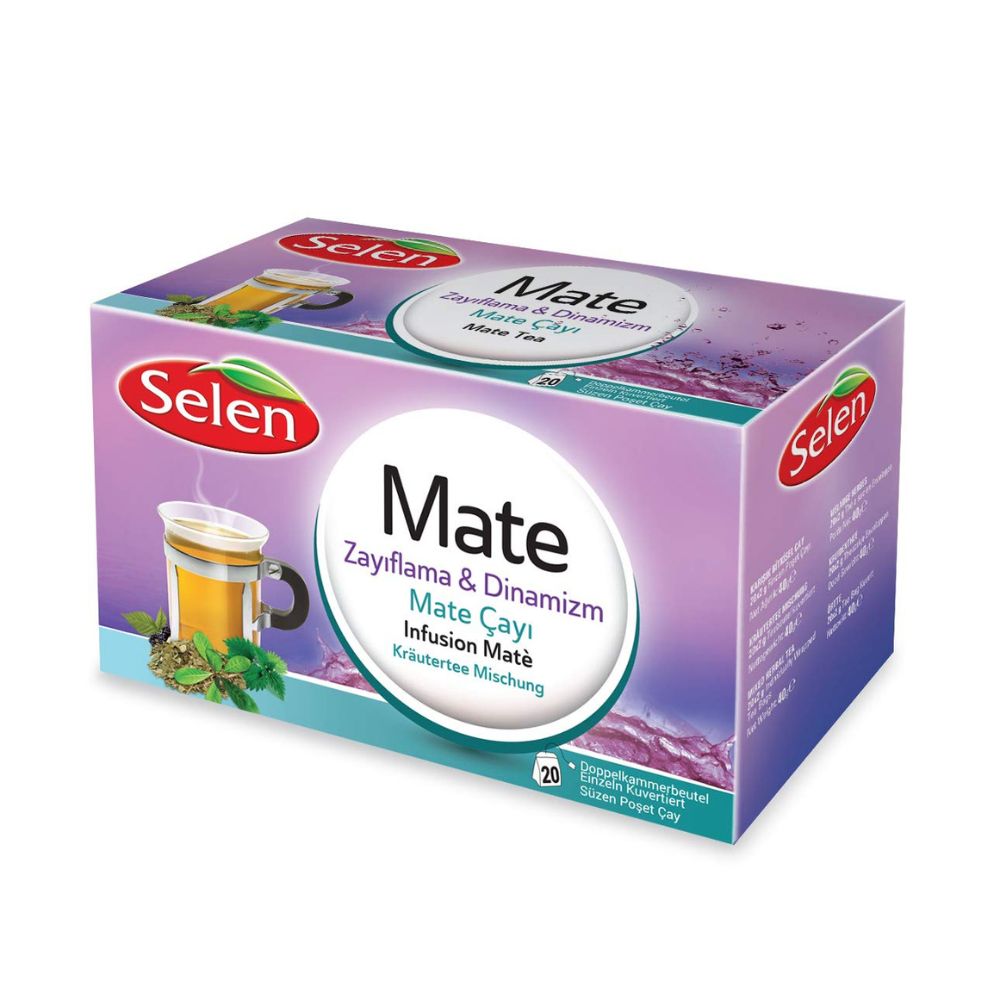 Verpackung von Mate Tee. Aufschrift: Mate, Zayıflama & Dinamizm, Mate Çayı, Infusion Matè, Kräutertee Mischung. Marke: Selen. 20 Beutel.