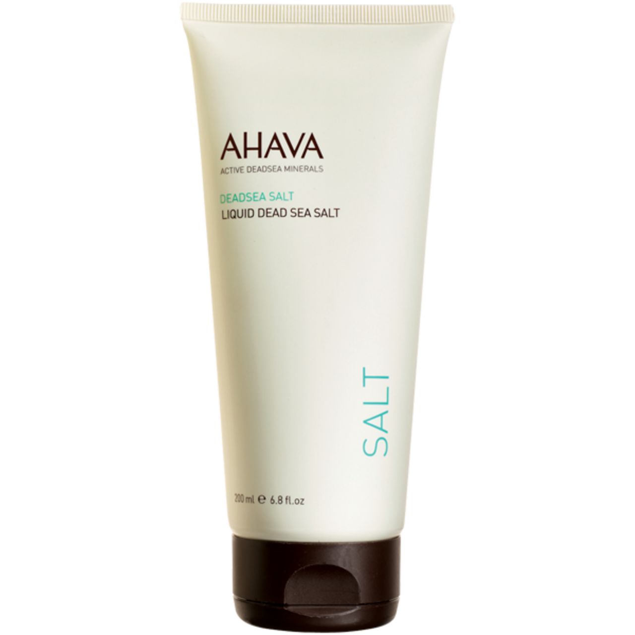 AHAVA DEADSEA SALT Creme-Tube. Grüne Schrift auf weißem Hintergrund. Brauner Deckel.