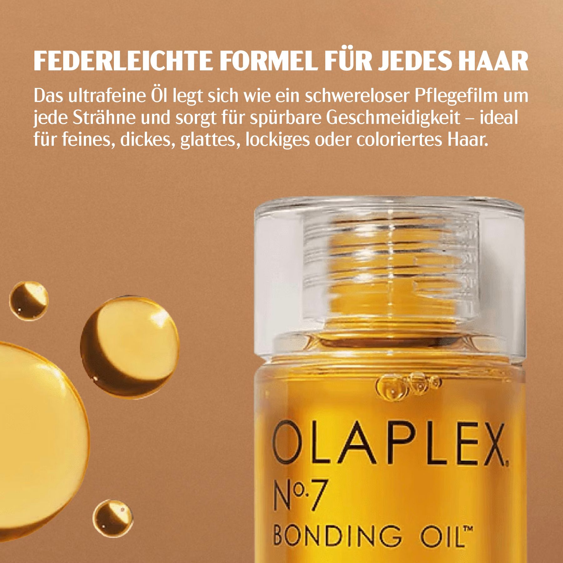 Nahaufnahme einer gelben Haarölflasche. Aufschrift: OLAPLEX Nr.7 Bonding Oil. Mit Öltropfen.