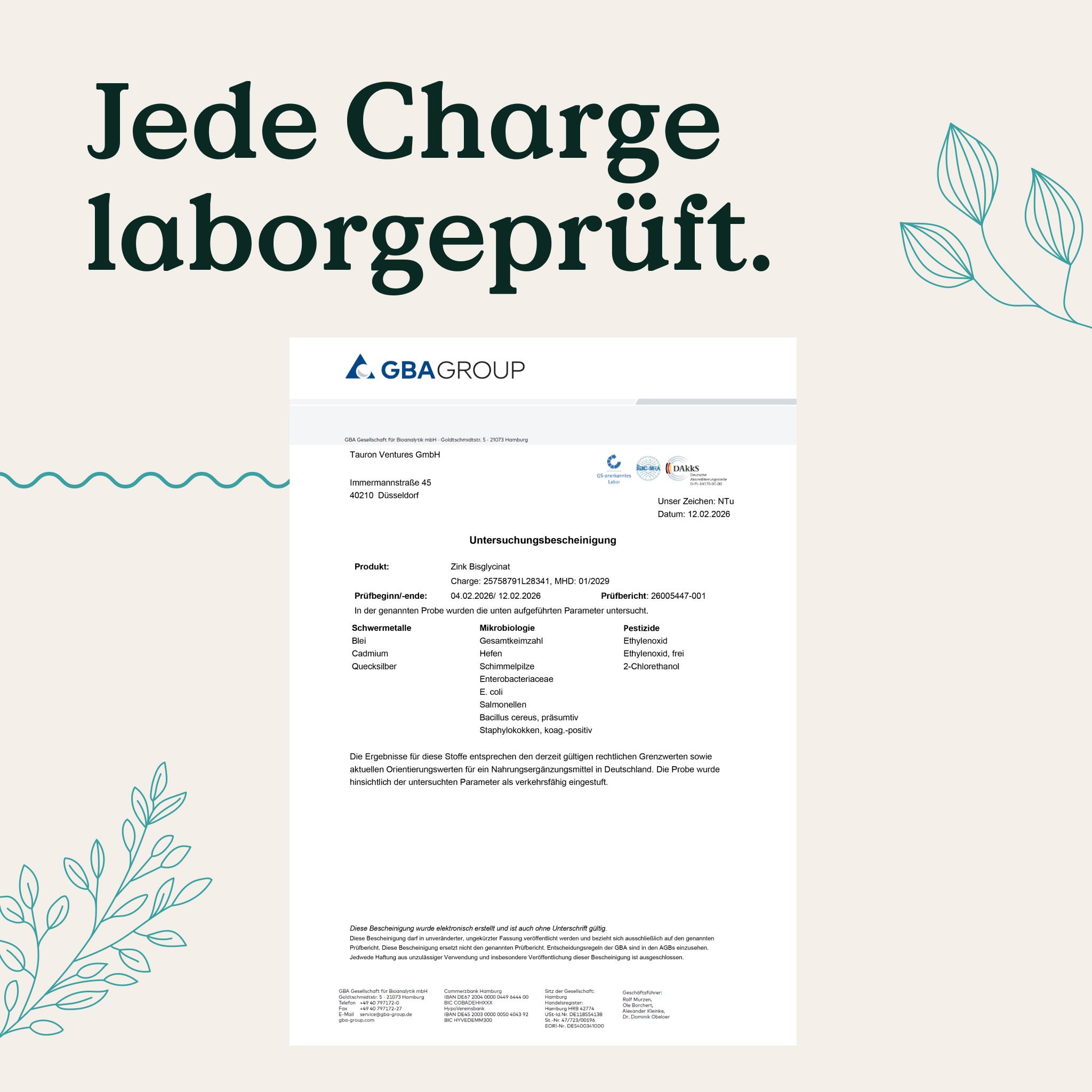Laborbericht von GBA GROUP für Zink Bisglycinat Charge. Bestätigt Prüfung.