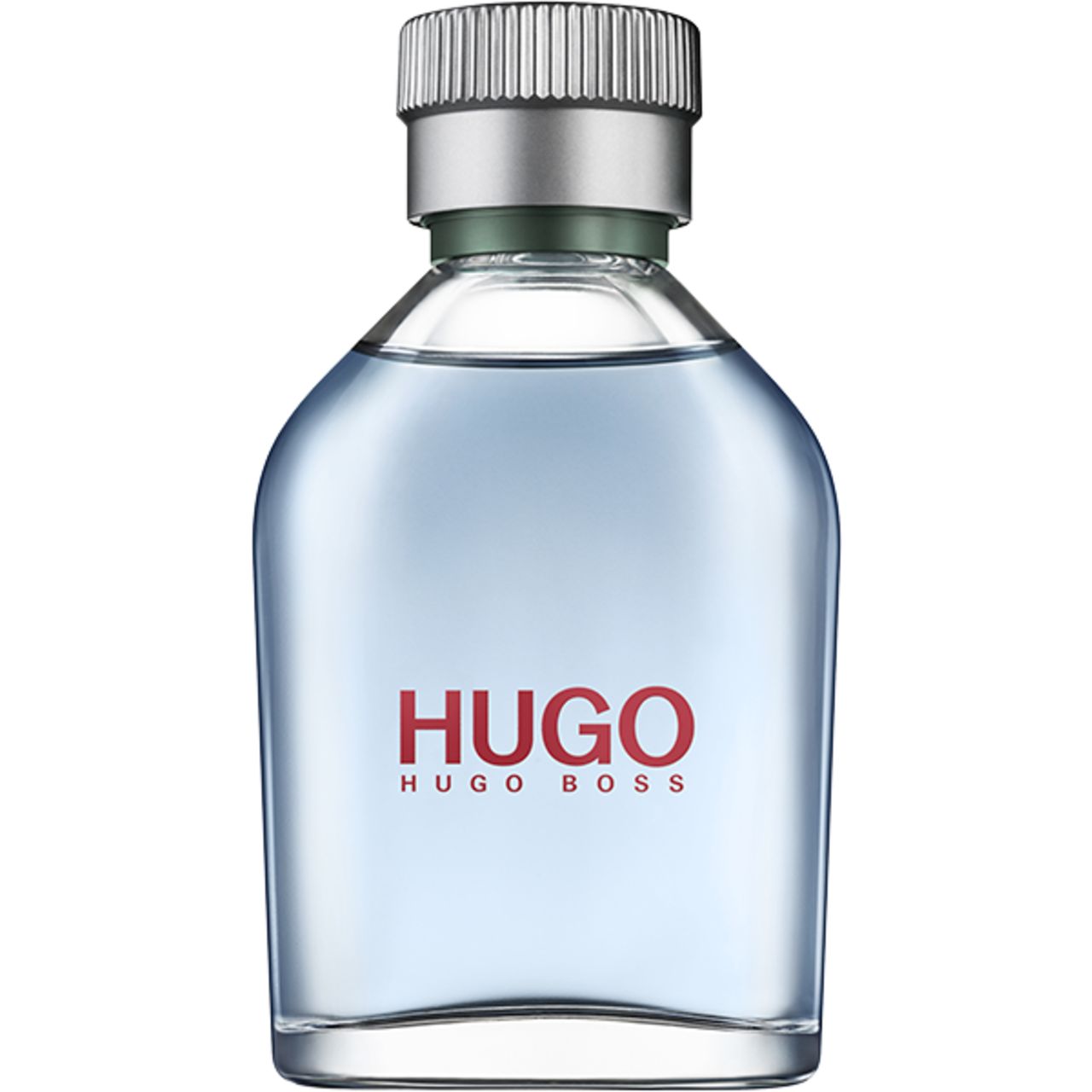 Glasflakon mit silbernem Deckel. Roter Schriftzug HUGO, darunter HUGO BOSS. Hellblaue Flüssigkeit sichtbar.