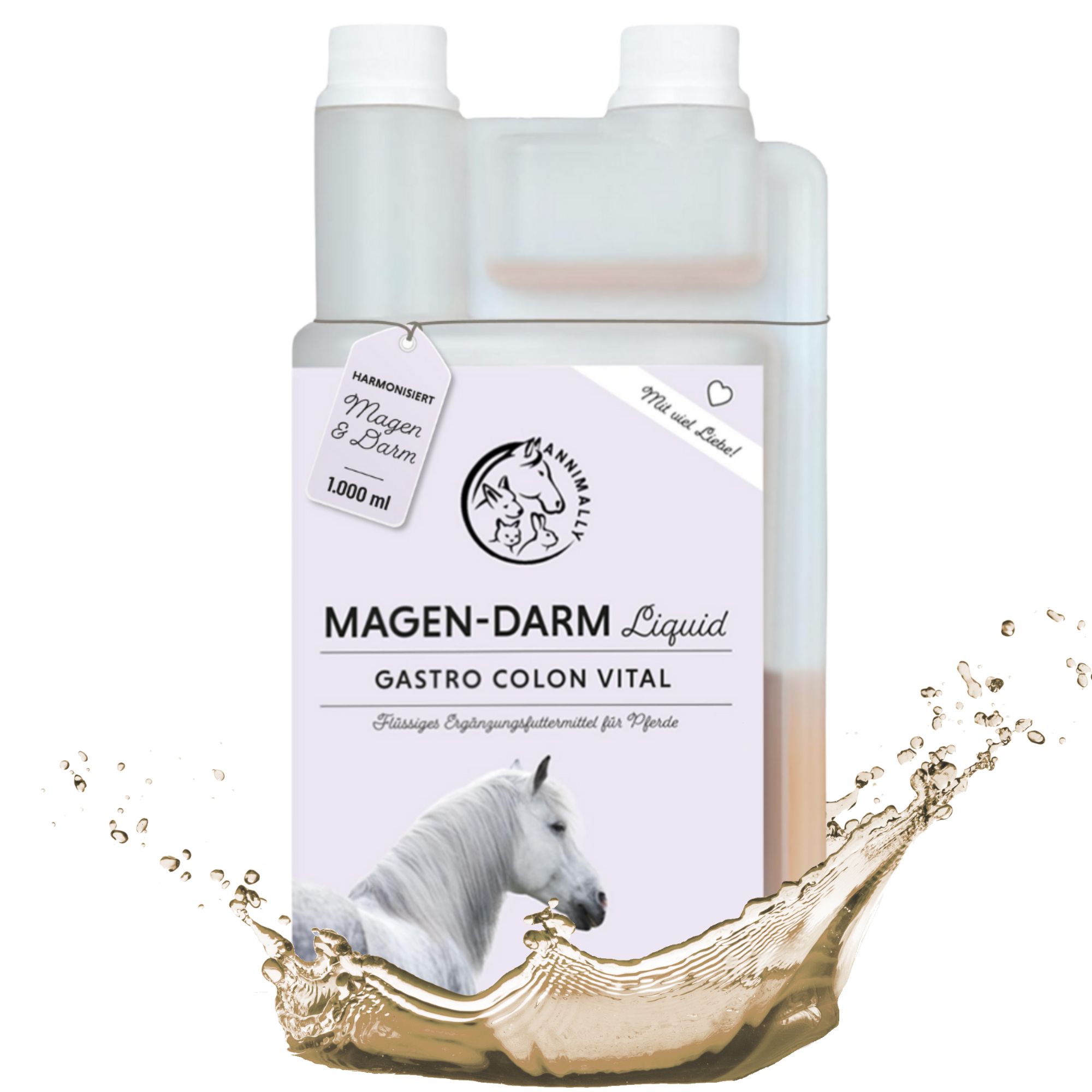 Flasche mit Produktetikett. Text: Magen-Darm Liquid, Gastro Colon Vital. Logo mit Pferd. 1000 ml.