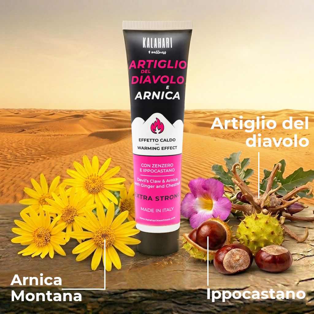KALAHARI Artiglio del Diavolo e Arnica Gel mit Teufelskralle, Arnika, Ingwer und Rosskastanie in Wüstenlandschaft.
