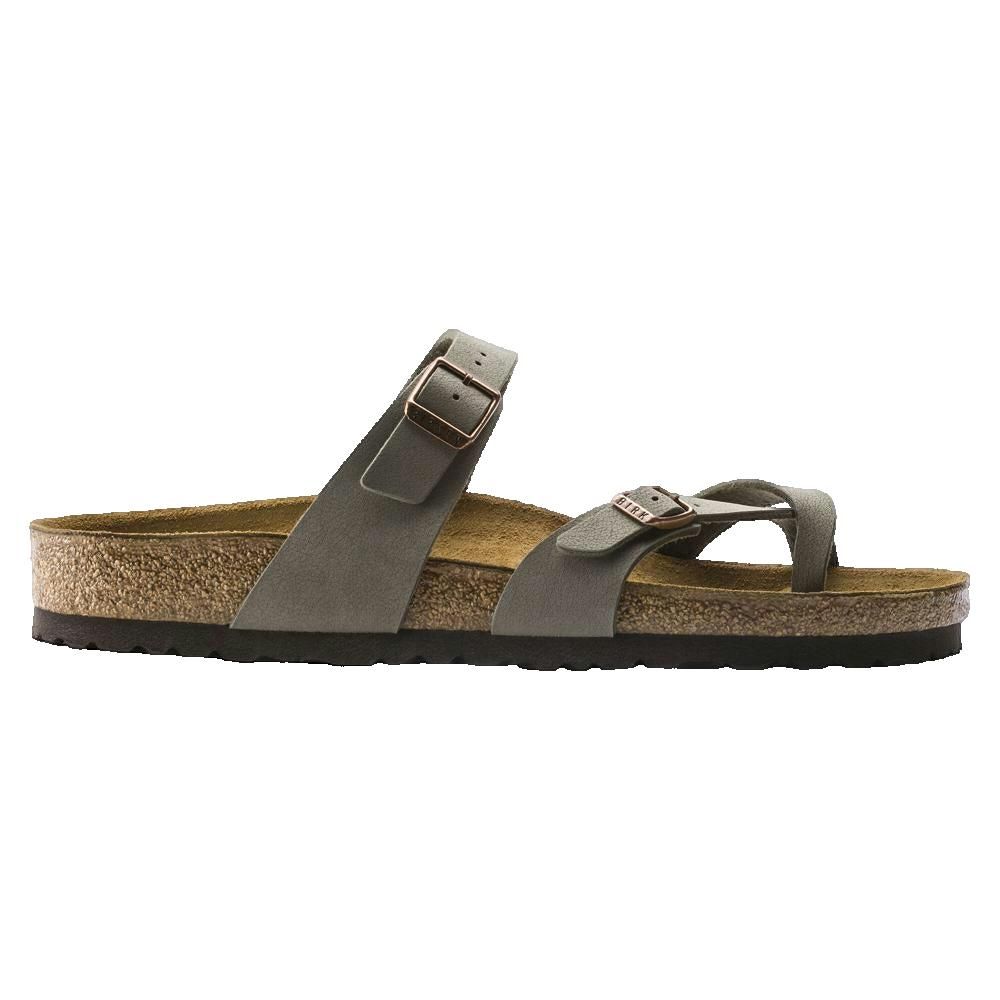 Sandalo Birkenstock Mayari normale grigio. Plantare in sughero, cinturini con fibbie. Vista laterale.