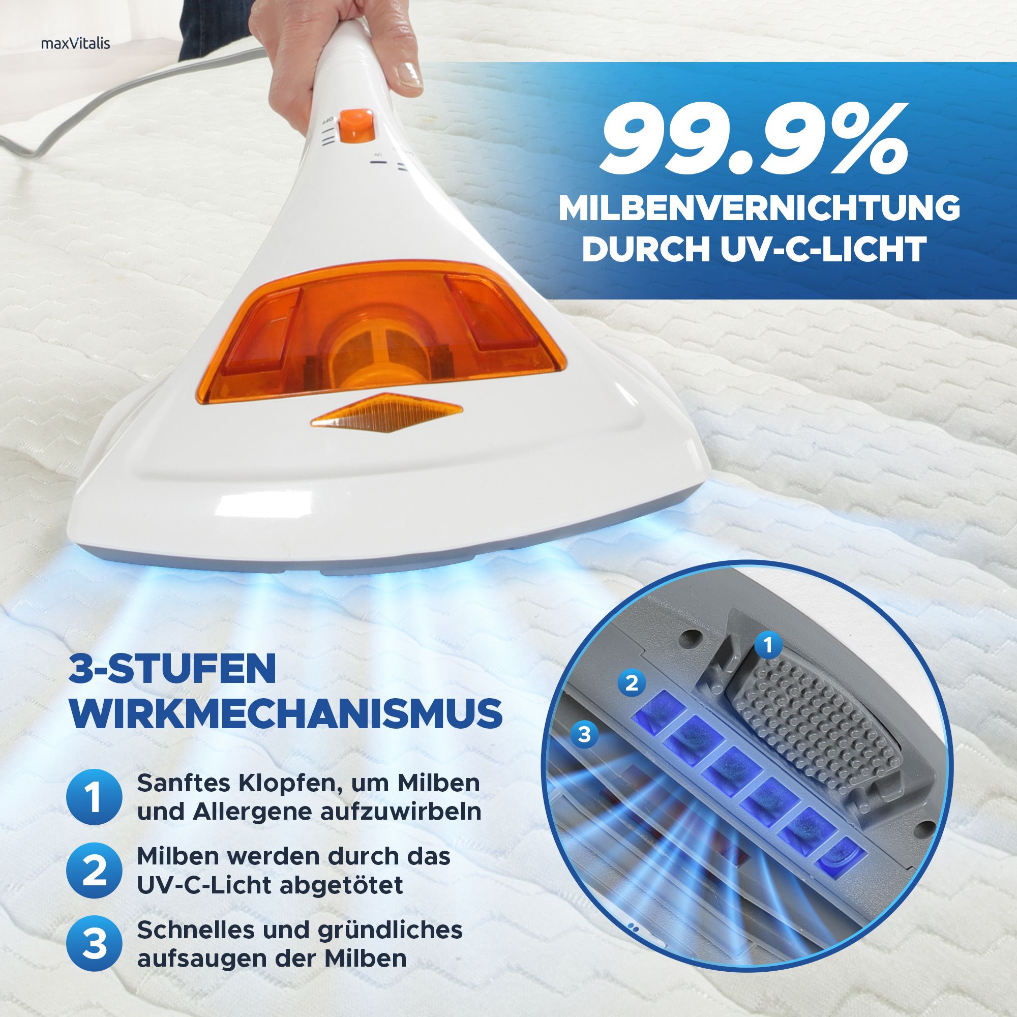 Handstaubsauger. Text: 99,9% Milbenvernichtung durch UV-C-Licht. 3-Stufen-Wirkmechanismus.