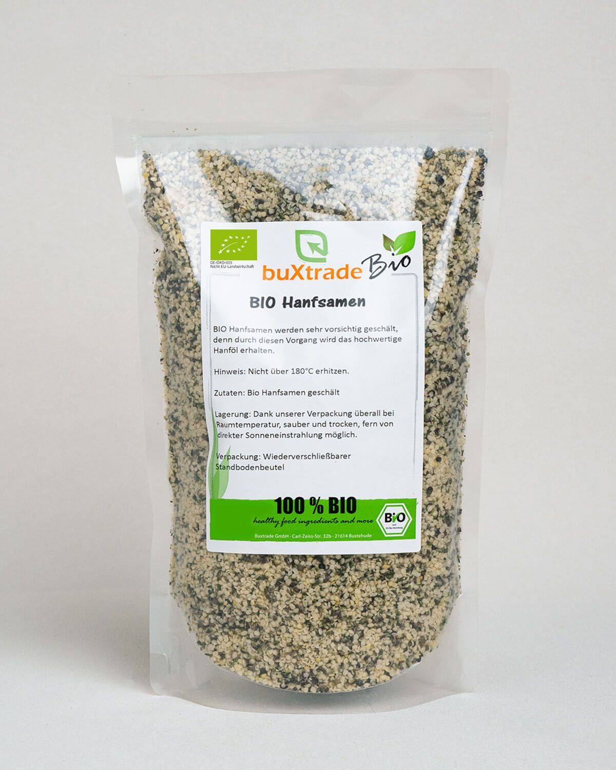 Transparente Standbodenbeutel-Verpackung mit Etikett für buxtrade Bio Hanfsamen.
