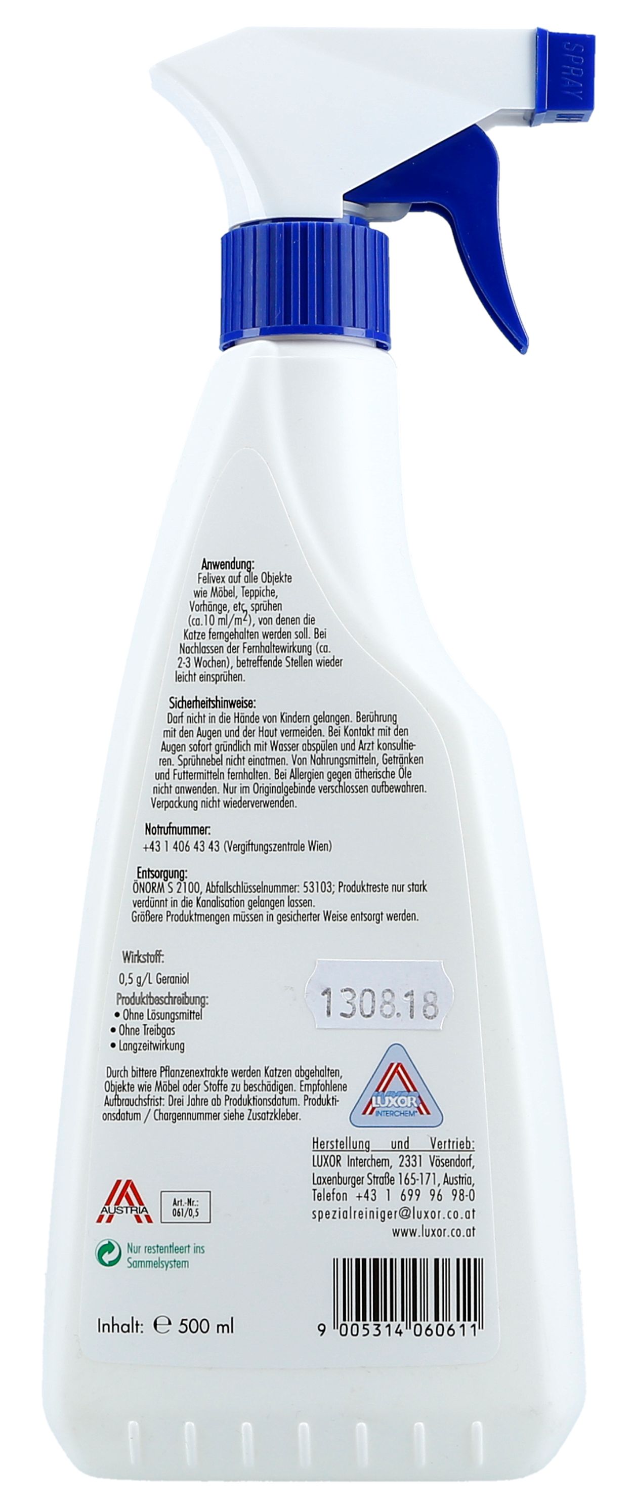 Rückseite einer Flasche Perycut Felivex Katzen-Fernhaltespray mit Anwendungshinweisen und Inhaltsangaben.