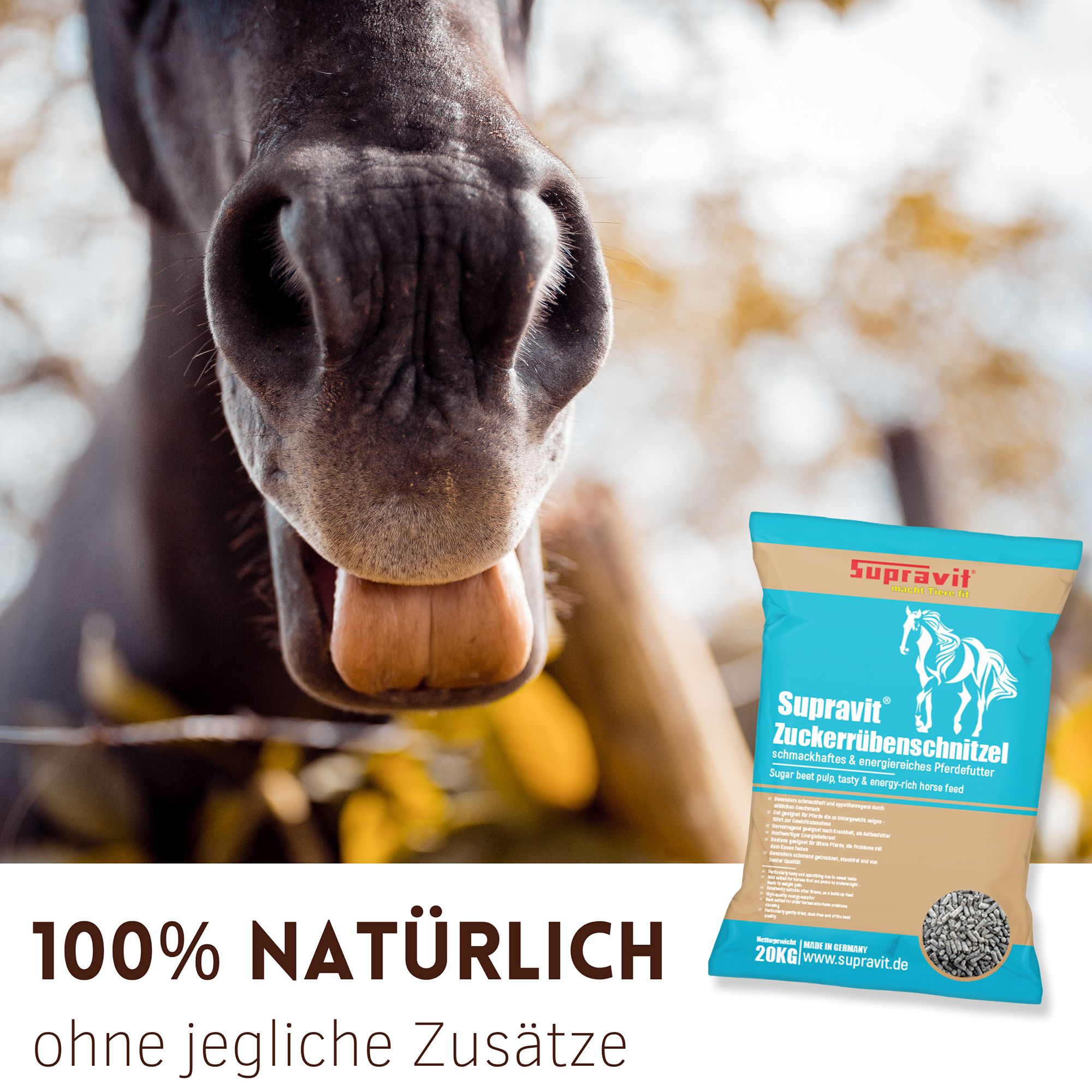 Pferdegesicht mit Zunge. Daneben Futtersack. Aufschrift: Supravit Zuckerrübenschnitzel. Text: 100% natürlich, ohne jegliche Zusätze.
