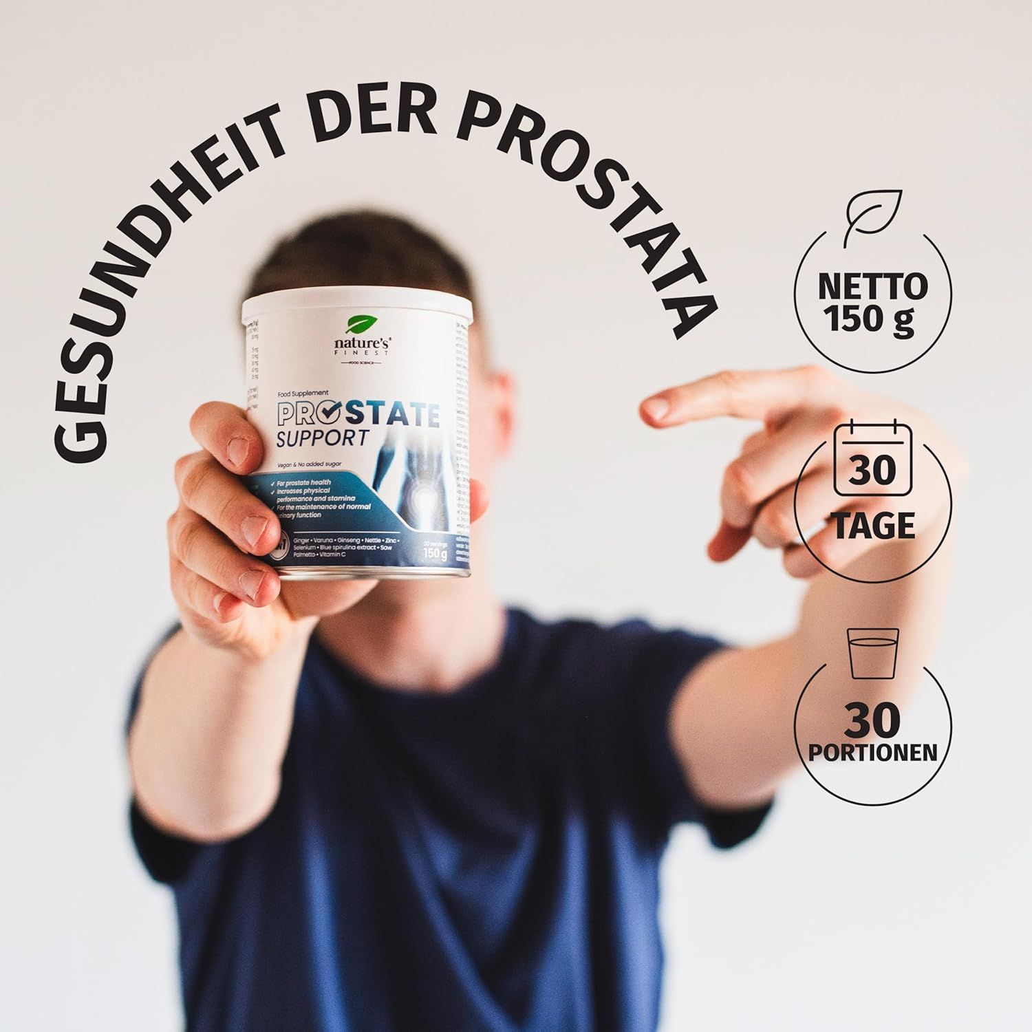Mann hält Dose mit Nahrungsergänzungsmittel. Aufschrift: Prostate Support. Text: Gesundheit der Prostata. 30 Portionen.