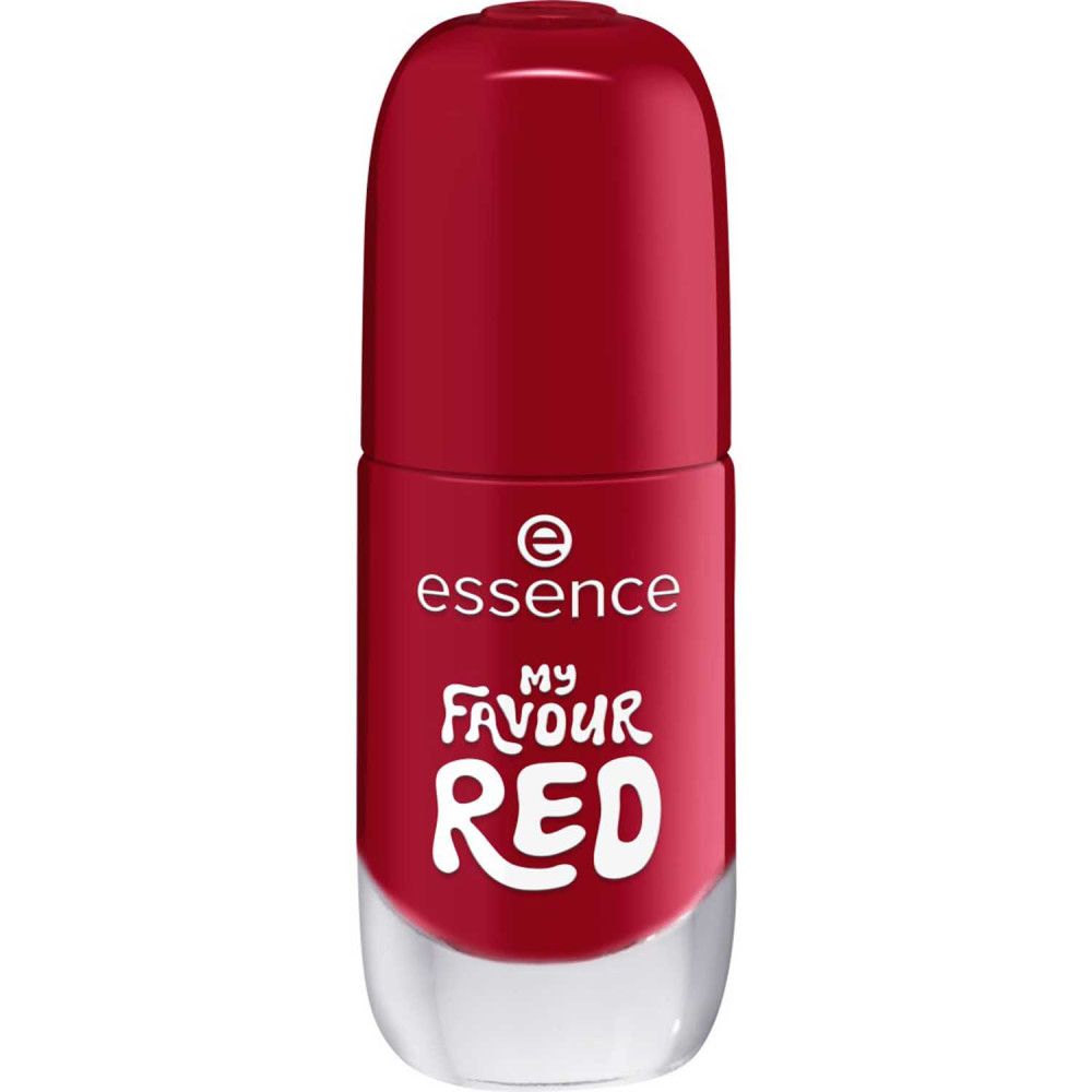 Roter Nagellack, geschlossene Flasche. Aufschrift "essence", "MY FAVOUR RED".