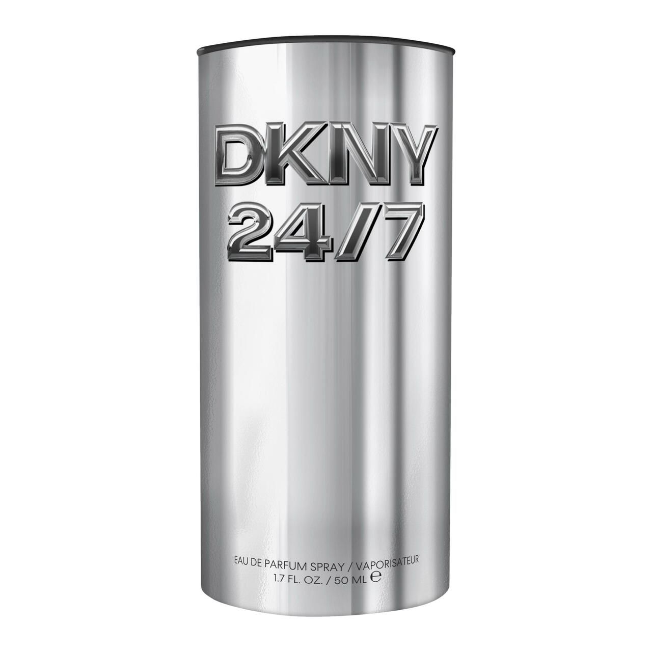 Zylindrische Verpackung, silberfarben. Aufschrift DKNY 24/7. EdP Nat. Spray. 1.7 fl. oz. / 50 ml.