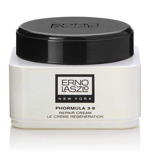 Creme-Tiegel mit schwarzem Deckel. Aufschrift: Erno Laszlo New York, Phormula 3-9 Repair Cream, Le Crème Régénération.