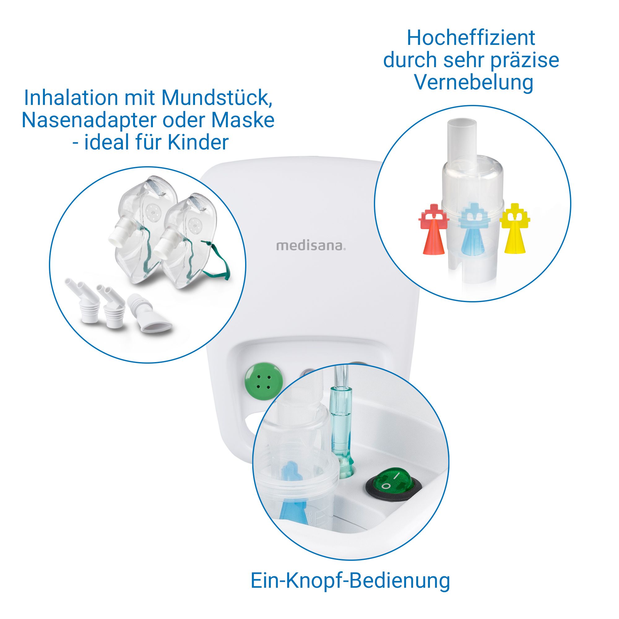 Medisana IN 500 Inhalator: Ein-Knopf-Bedienung, Masken, Mundstück, Nasenadapter.