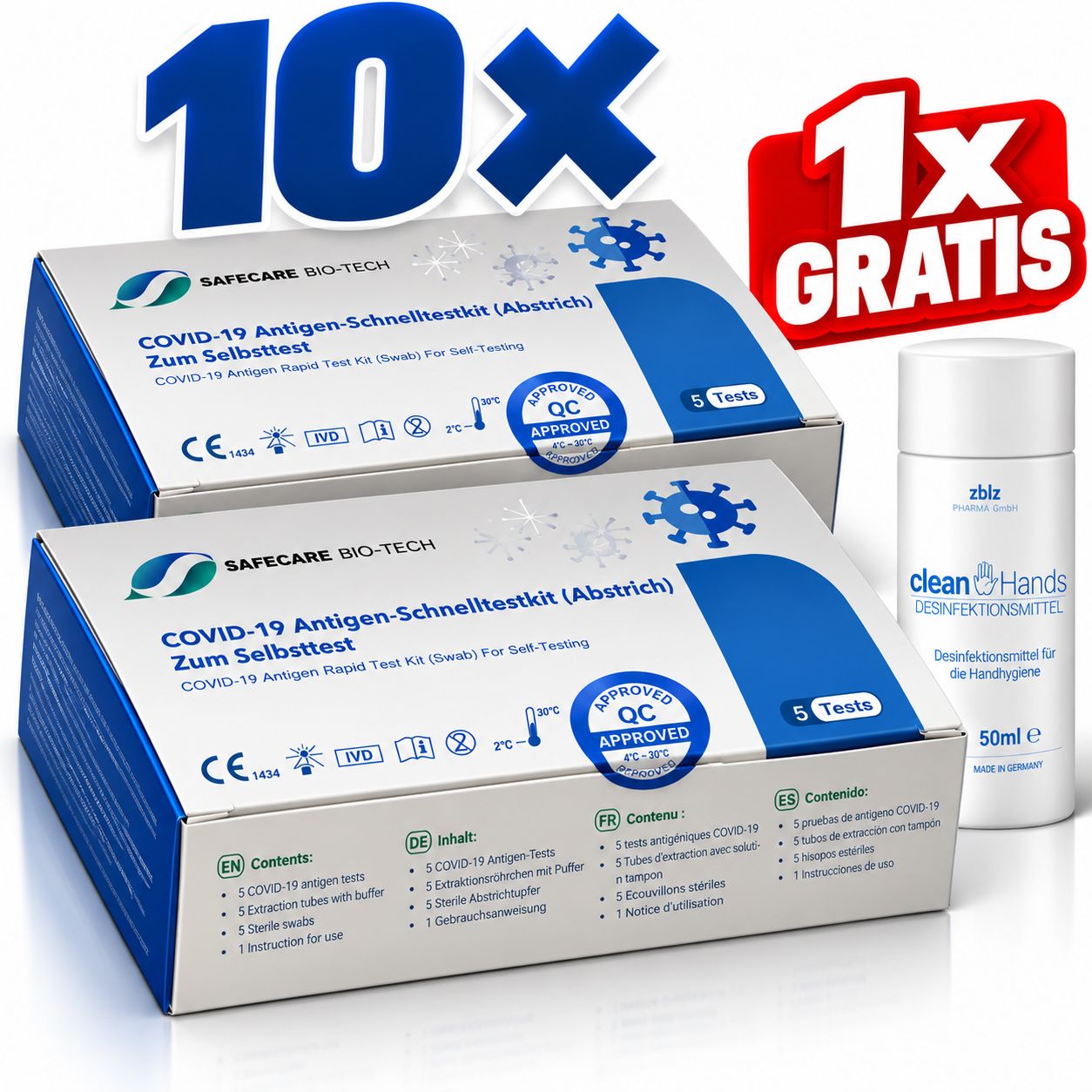 Safecare - 5er Covid19 Antigenschnelltest Selbsttest & Gratis ZWZ Desinfektionsmittel 10 St Test