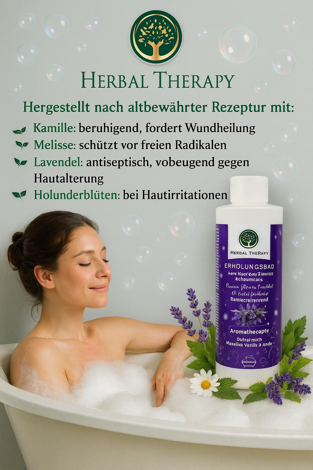 Frau in Badewanne mit Schaum. Flasche Herbal Therapy Erholungsbad. Kräuter und Blüten neben der Wanne. Text: Kamille, Melisse, Lavendel, Holunderblüten.