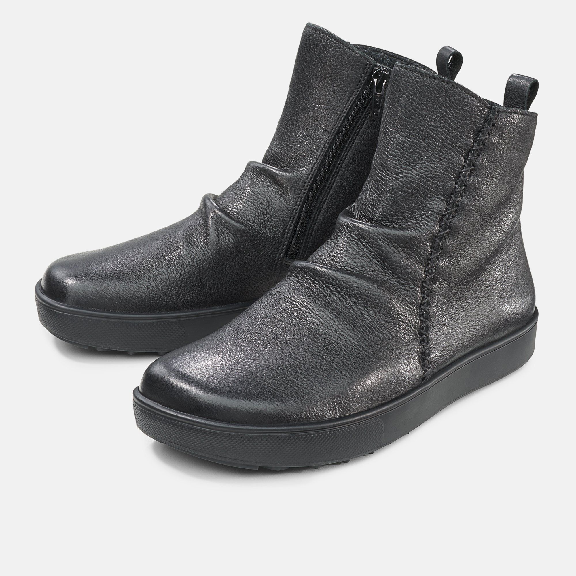 Schwarze Stiefeletten mit seitlichem Reißverschluss und Ziernähten. Flache Sohle. Zwei Schuhe nebeneinander.