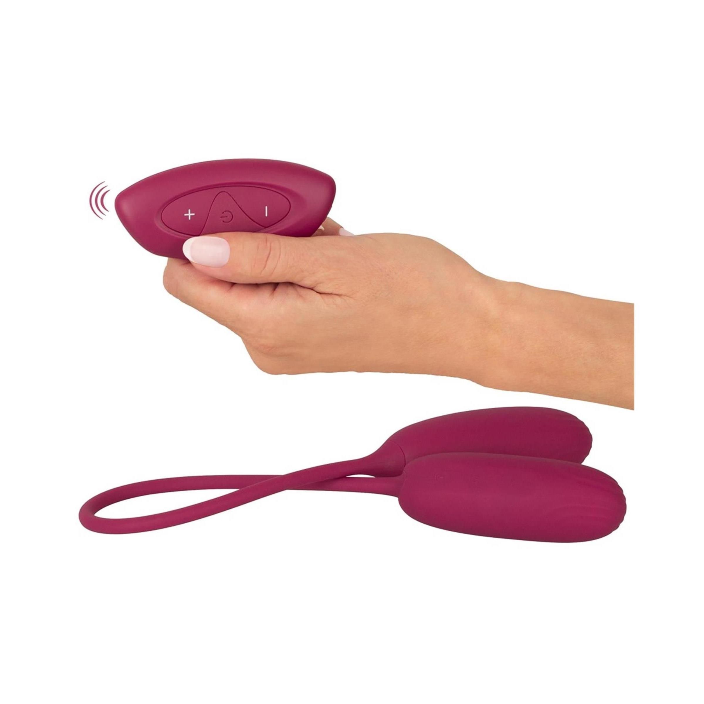 Hand hält pinkfarbenes Vibrations-Ei-Duo und Fernbedienung. Zwei Eier mit Stielen und eine Fernbedienung.